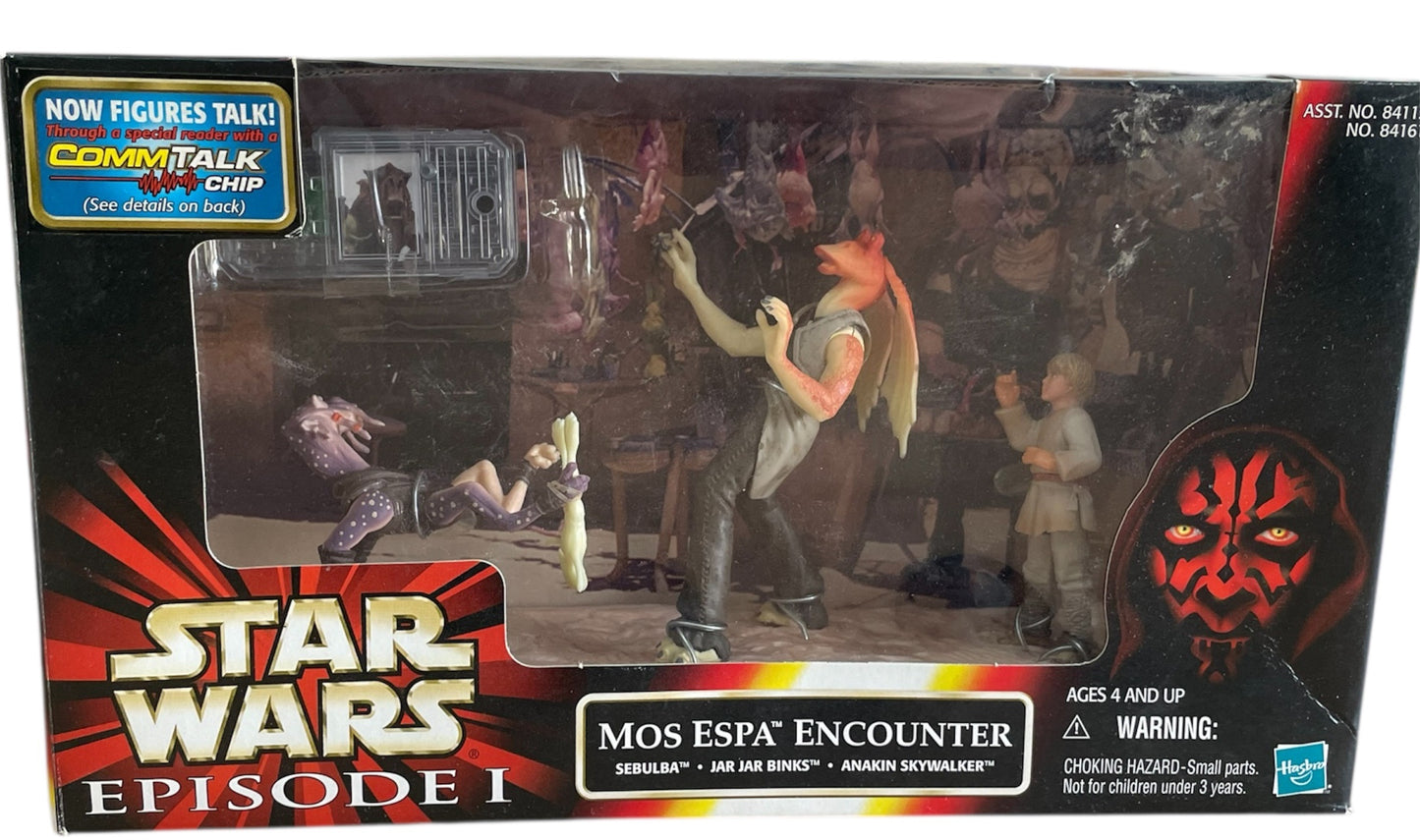 Vintage 1999 Star Wars Episode 1 The Phantom Menace Mos Espa Encounter Action Figure Set 3 Pack With Exclusive Comm Talk Chip - Brand New Factory Sealed Shop Stock Room Find