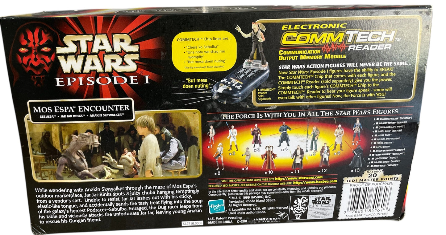 Vintage 1999 Star Wars Episode 1 The Phantom Menace Mos Espa Encounter Action Figure Set 3 Pack With Exclusive Comm Talk Chip - Brand New Factory Sealed Shop Stock Room Find