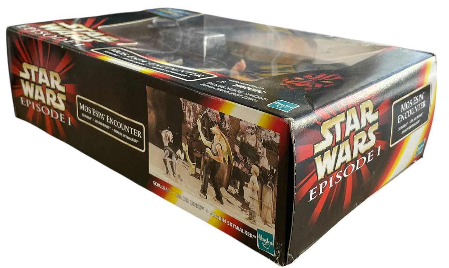 Vintage 1999 Star Wars Episode 1 The Phantom Menace Mos Espa Encounter Action Figure Set 3 Pack With Exclusive Comm Talk Chip - Brand New Factory Sealed Shop Stock Room Find