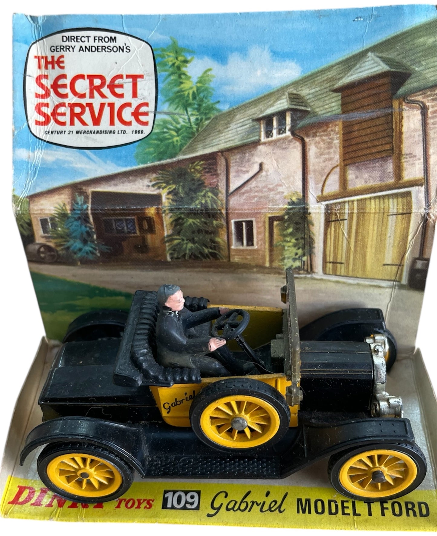 Vintage 1969 Gerry Andersons The Secret Service Dinky Toys Number 109 Gabriel Model T Ford Car Diecast Replica Vehicle - With Display Plinth & Original Box