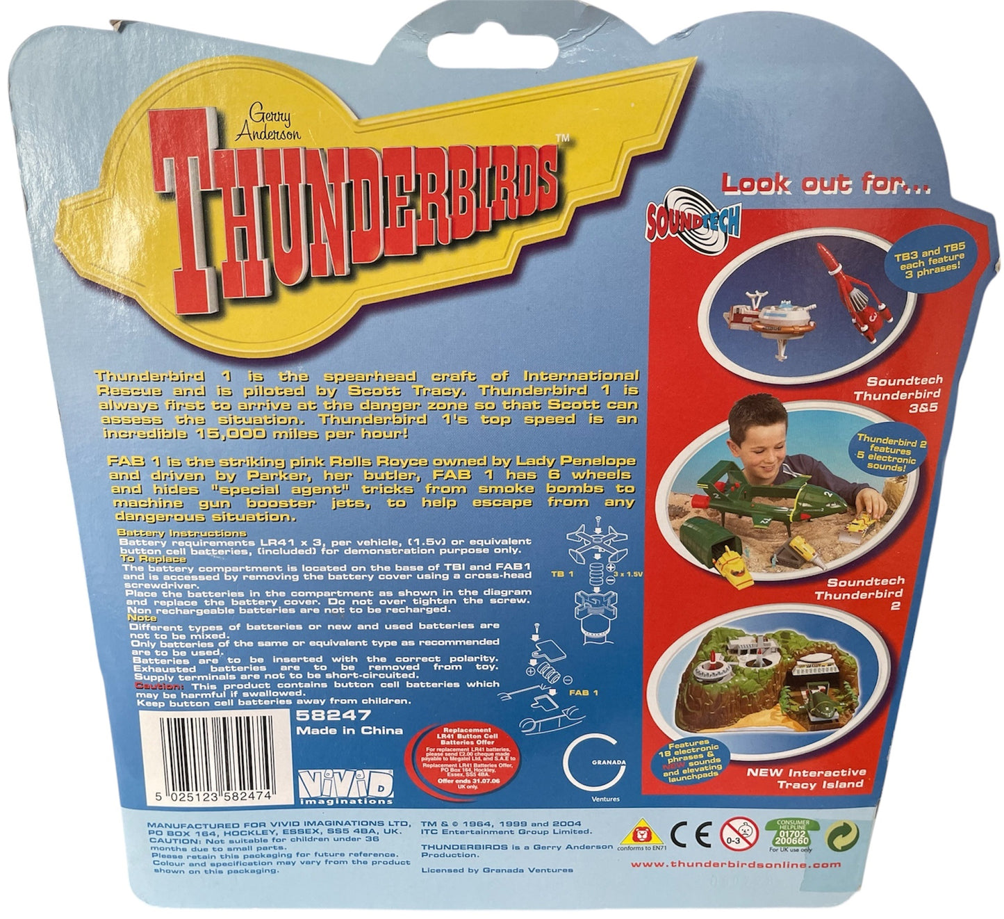 Vintage Vivids 2004 Gerry Andersons Thunderbirds 40th Anniversary Thunderbird 1 And FAB 1 Soundtech Model Vehicle Set With 3 Authentic Voices - Factory Sealed Shop Stock Room Find