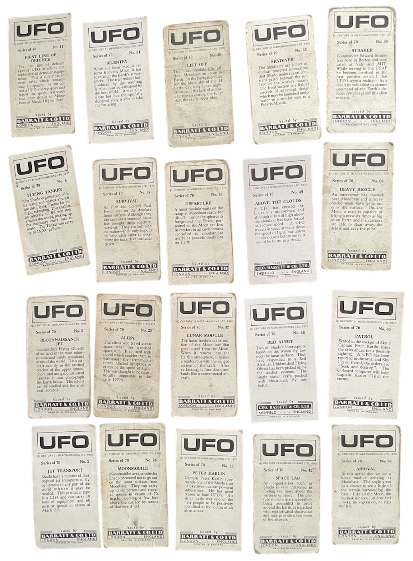 Vintage Gerry Andersons 1970 Barratt And Co UFO Sweat Cigarette Cards Set Of 20 Cards - Good Condition.