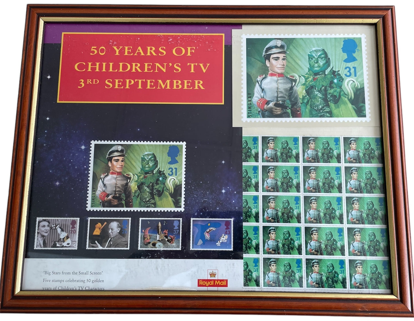 Vintage 1996 Big Stars From The Small Screen- Gerry Andersons Stingray Limited Edition Post Card, 25 x Stamps And Royal Mail Flyer - Unique Mint In Frame