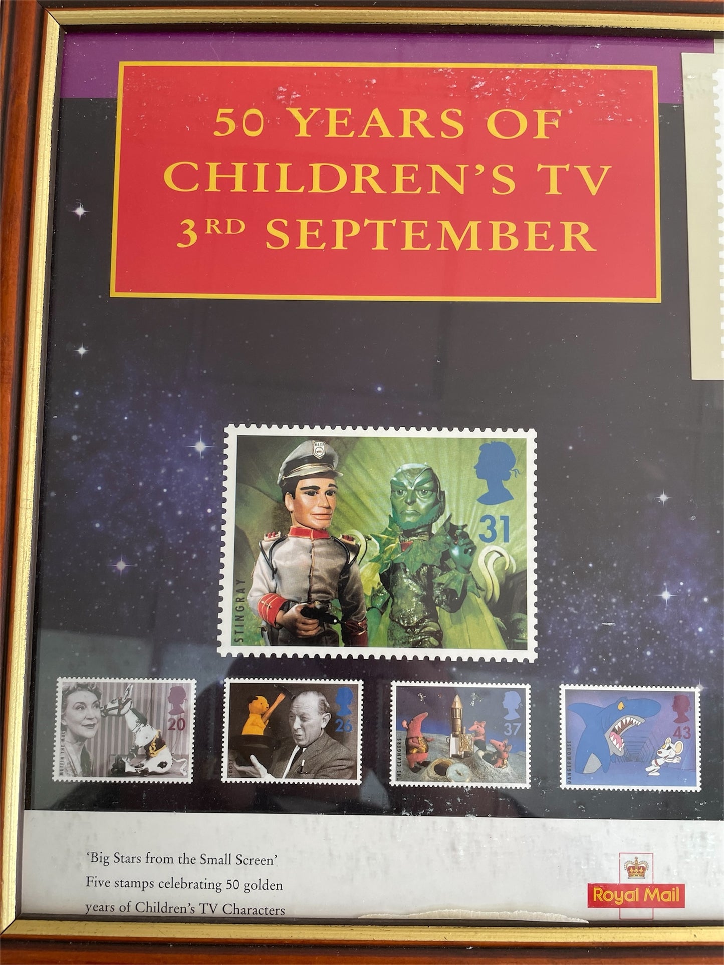 Vintage 1996 Big Stars From The Small Screen- Gerry Andersons Stingray Limited Edition Post Card, 25 x Stamps And Royal Mail Flyer - Unique Mint In Frame