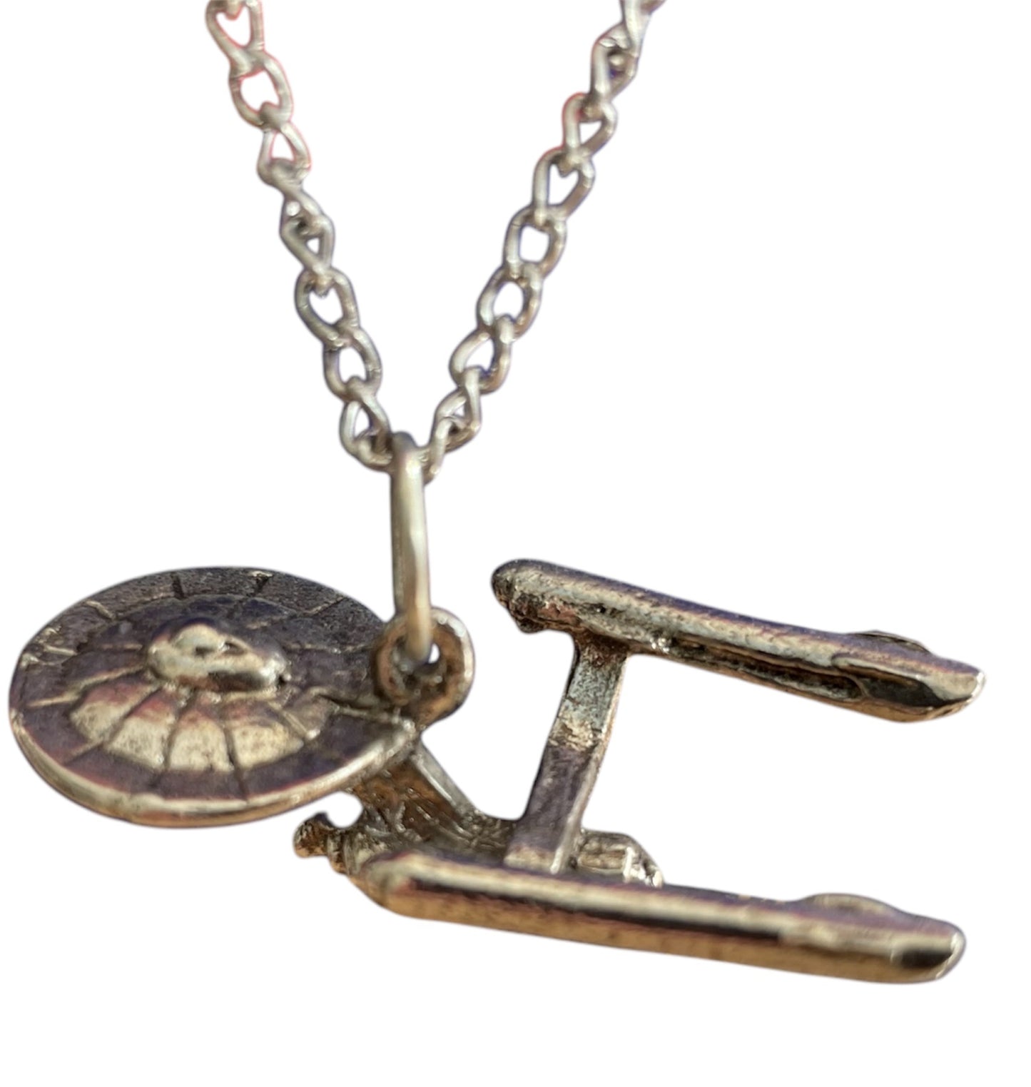 Vintage Good Time Jewelry 1976 Star Trek The Original Series Space Jewelry - USS Enterprise Necklace On Chain Plus Authentic Mini Poster With Peel Of Backing - Very Rare Former Shop Stock