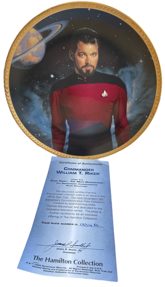 Vintage 1993 The Hamilton Collection Star Trek The Next Generation Commander William T. Riker 5th Anniversary Limited Edition Commemorative Plate - Shop Stock Room Find