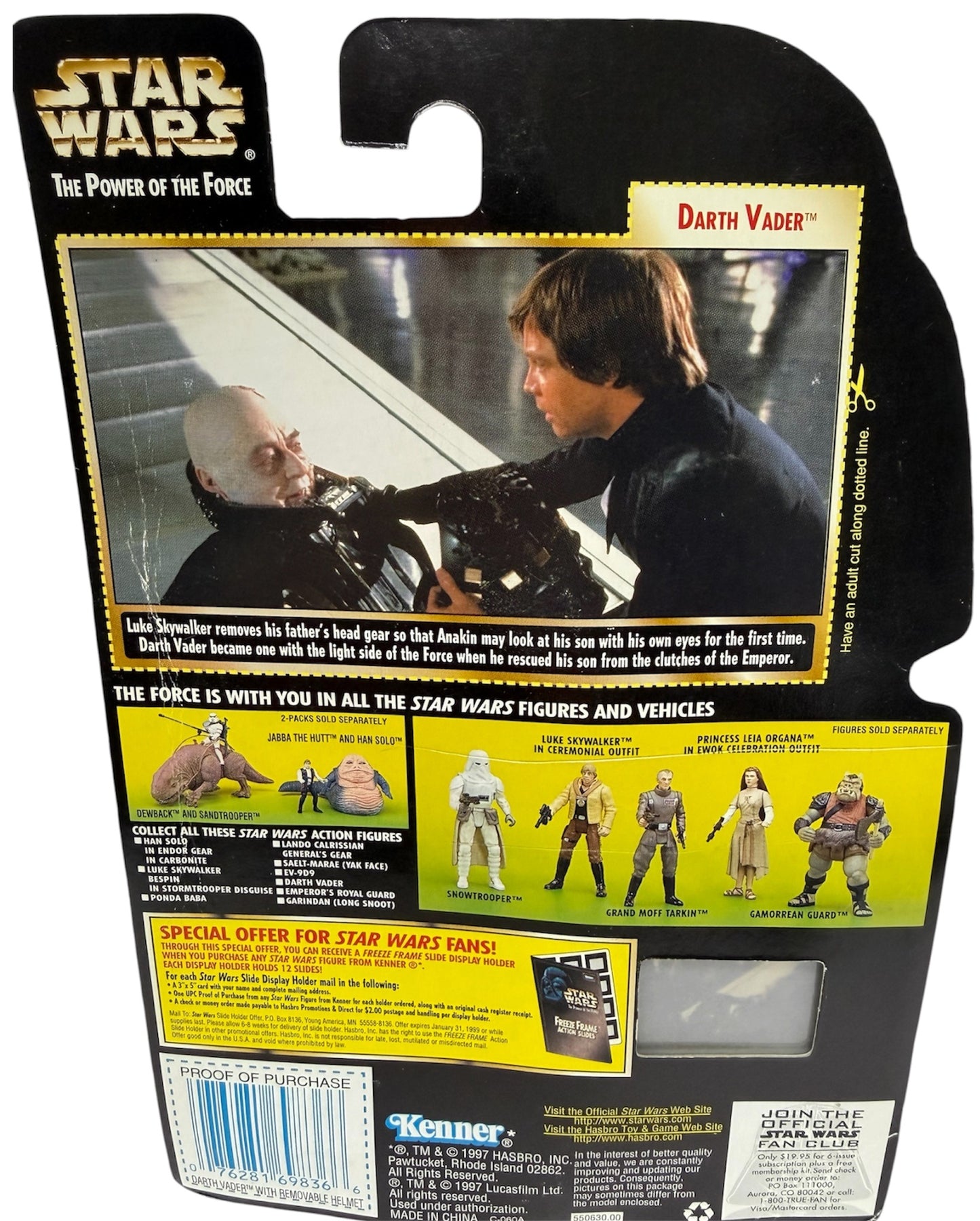 Vintage Kenner 1997 Star Wars The Power Of The Force Darth Vader With Removable Helmet & Hand Action Figure With Freeze Frame Action Slide - Brand New Factory Sealed Shop Stock Room Find