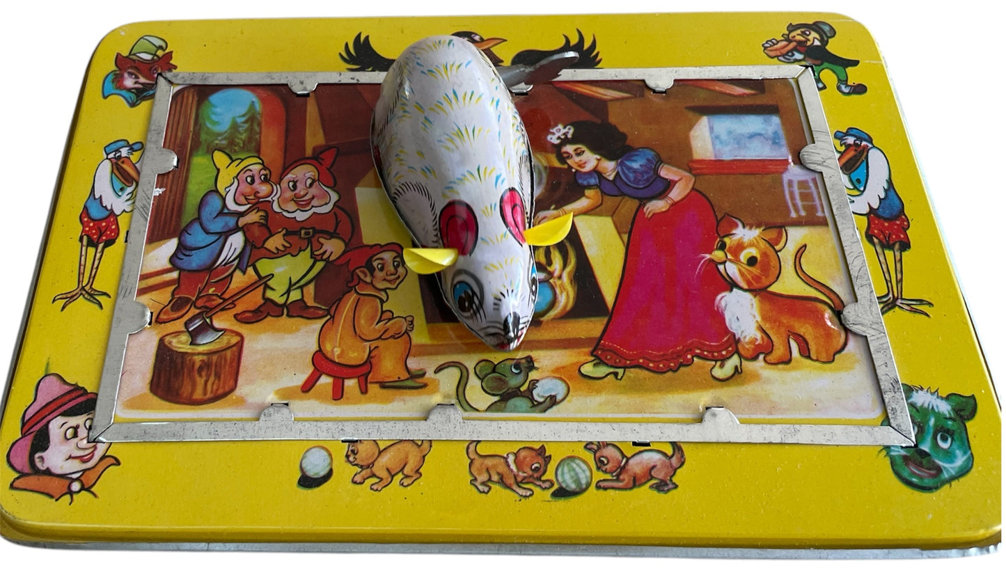 Vintage 1950's Mechanical Tin Toy - Lucky Mouse With Snow White And The Seven Dwarfs Background - Complete And Fully Working In The Original Box