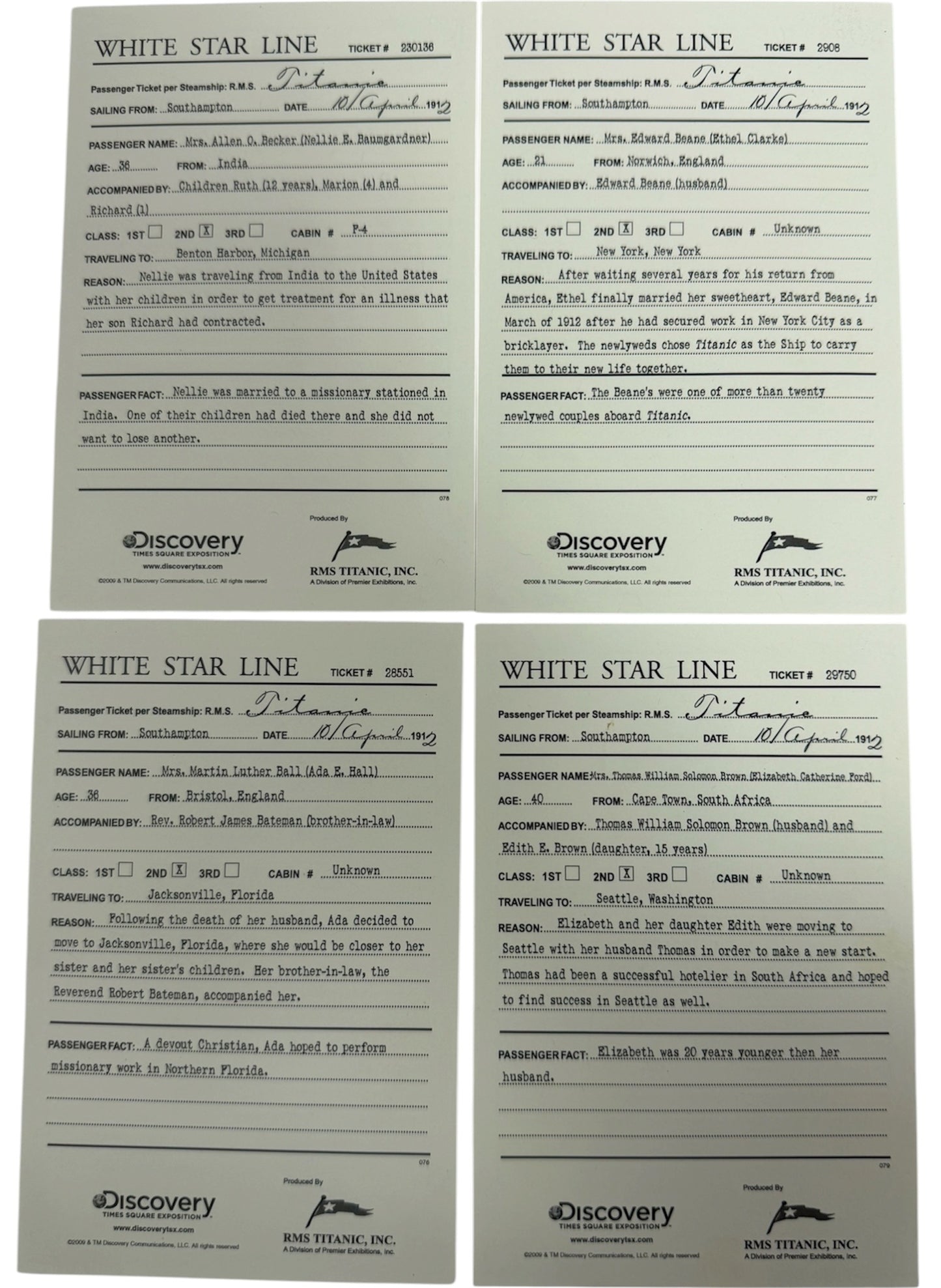 Vintage 2009 RMS Titanic Inc - R.M.S Titanic Ocean Liner - White Star Line Replica Boarding Pass Set Of 4 - Brand New Ex Shop Stock
