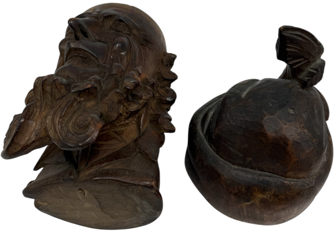 Antique Black Forest Carved Wood Figural Tobacco Jar Humidor Old Fisher Man With Pipe & Removable Lid 11" Tall - Fantastic Condition