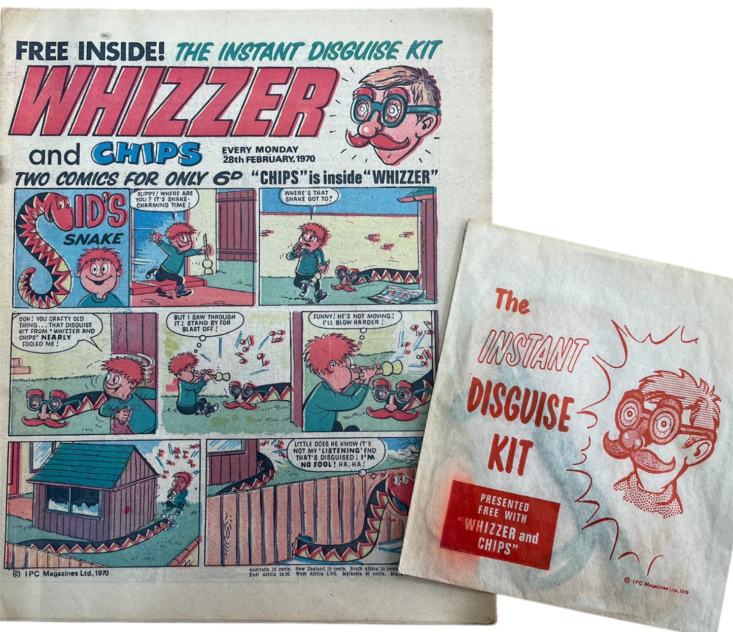 Vintage Whizzer And Chips Weekly Boys And Girls Comic - 28th February 1970 With Free Instant Disguise Kit Gift - Former Shop Stock