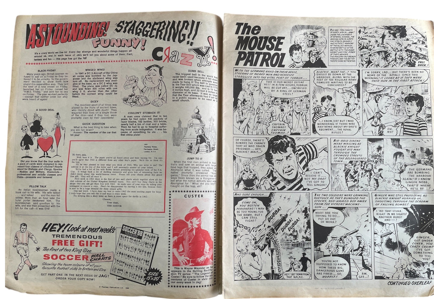 Vintage No. 1 Jag Weekly Tabloid Size Comic 4th May 1968 - Fantastic First issue With Free Gift - The Bobby More Book Of The FA Cup - Fantastic Condition Ultra Rare Former Shop Stock