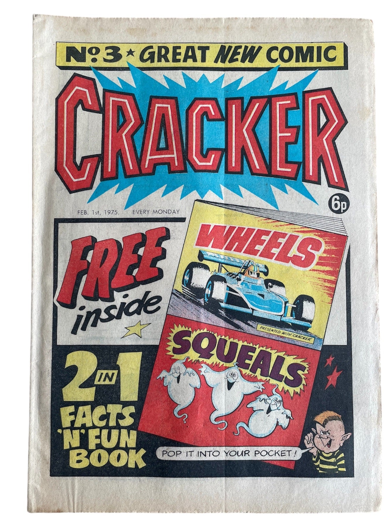 Vintage Rare Cracker Weekly Comic Magazine Issue No. 3 Comic Every Monday 1st February 1975 With Free Gift - 2 In 1 Facts N Fun Book - Wheels & Squeals - Former Shop Stock