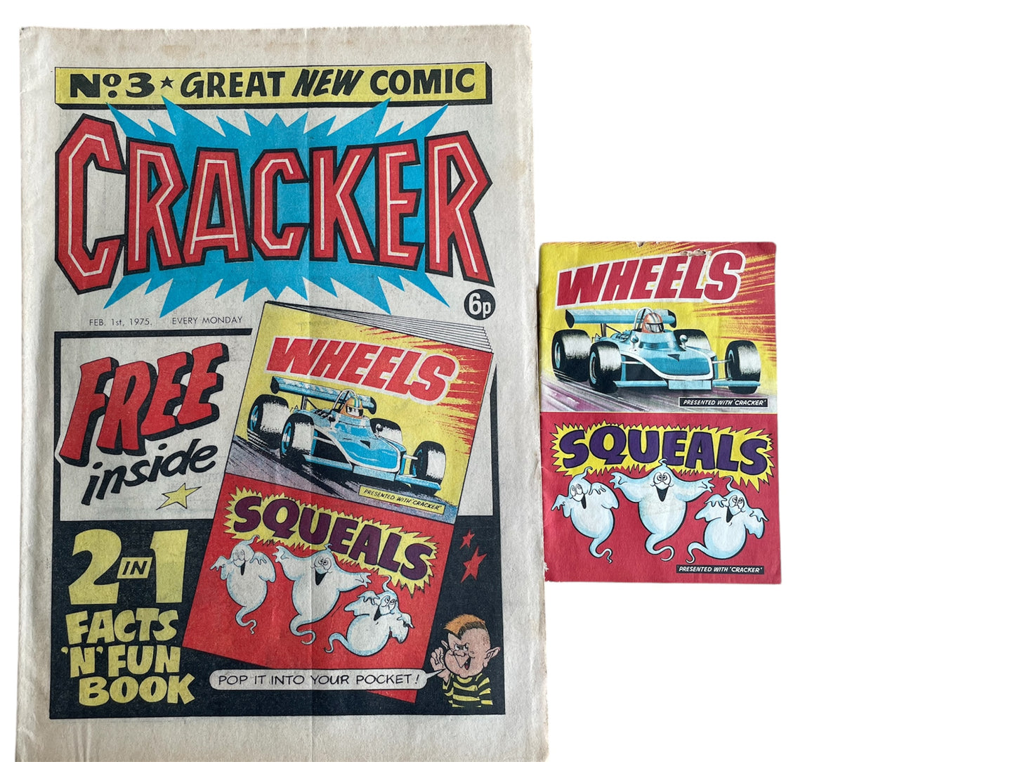 Vintage Rare Cracker Weekly Comic Magazine Issue No. 3 Comic Every Monday 1st February 1975 With Free Gift - 2 In 1 Facts N Fun Book - Wheels & Squeals - Former Shop Stock