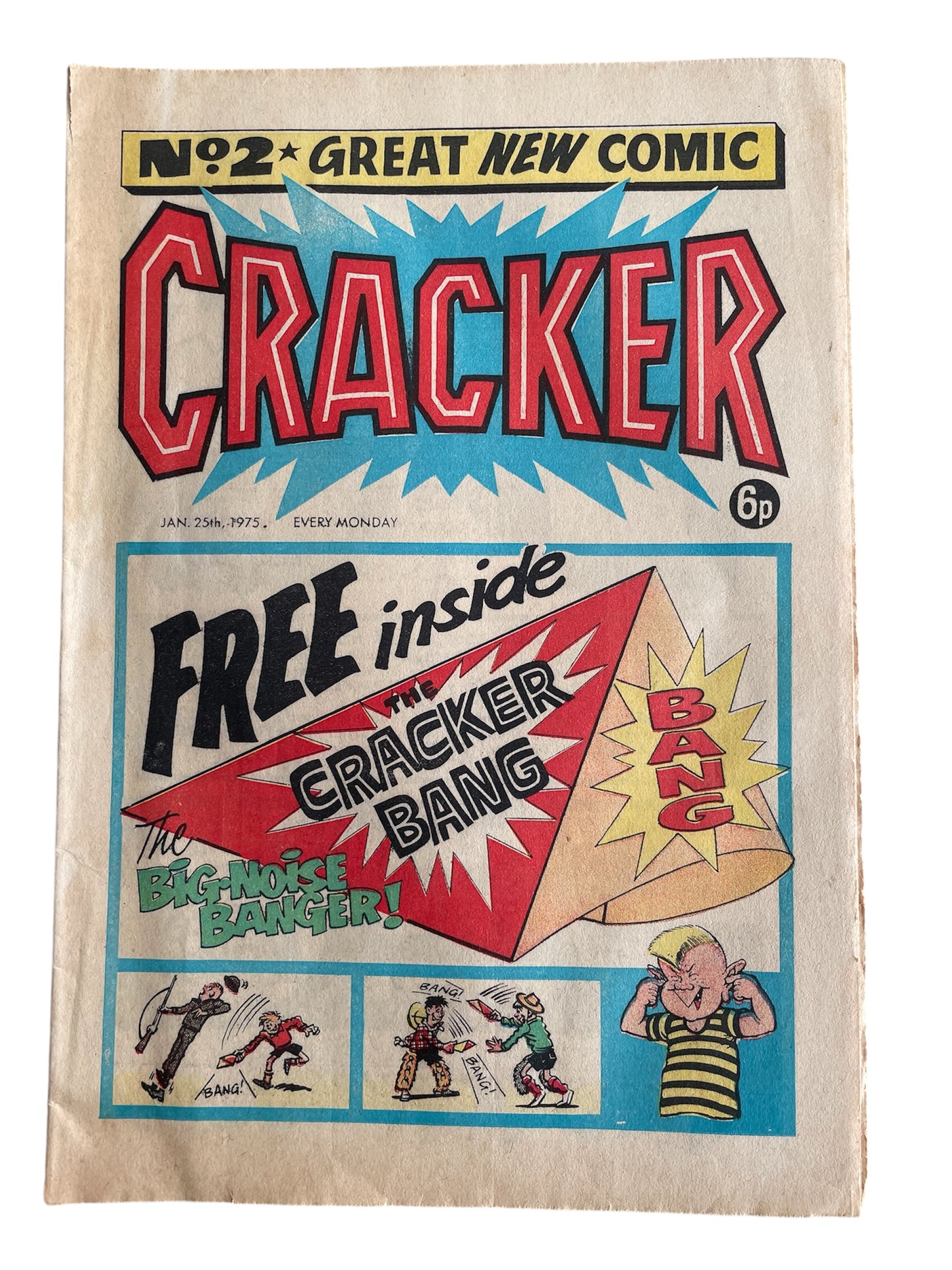 Vintage Rare Cracker Weekly Comic Magazine Issue No. 2 Comic Every Monday 25th January 1975 With Free Gift - The Big Noise Cracker Banger - Former Shop Stock