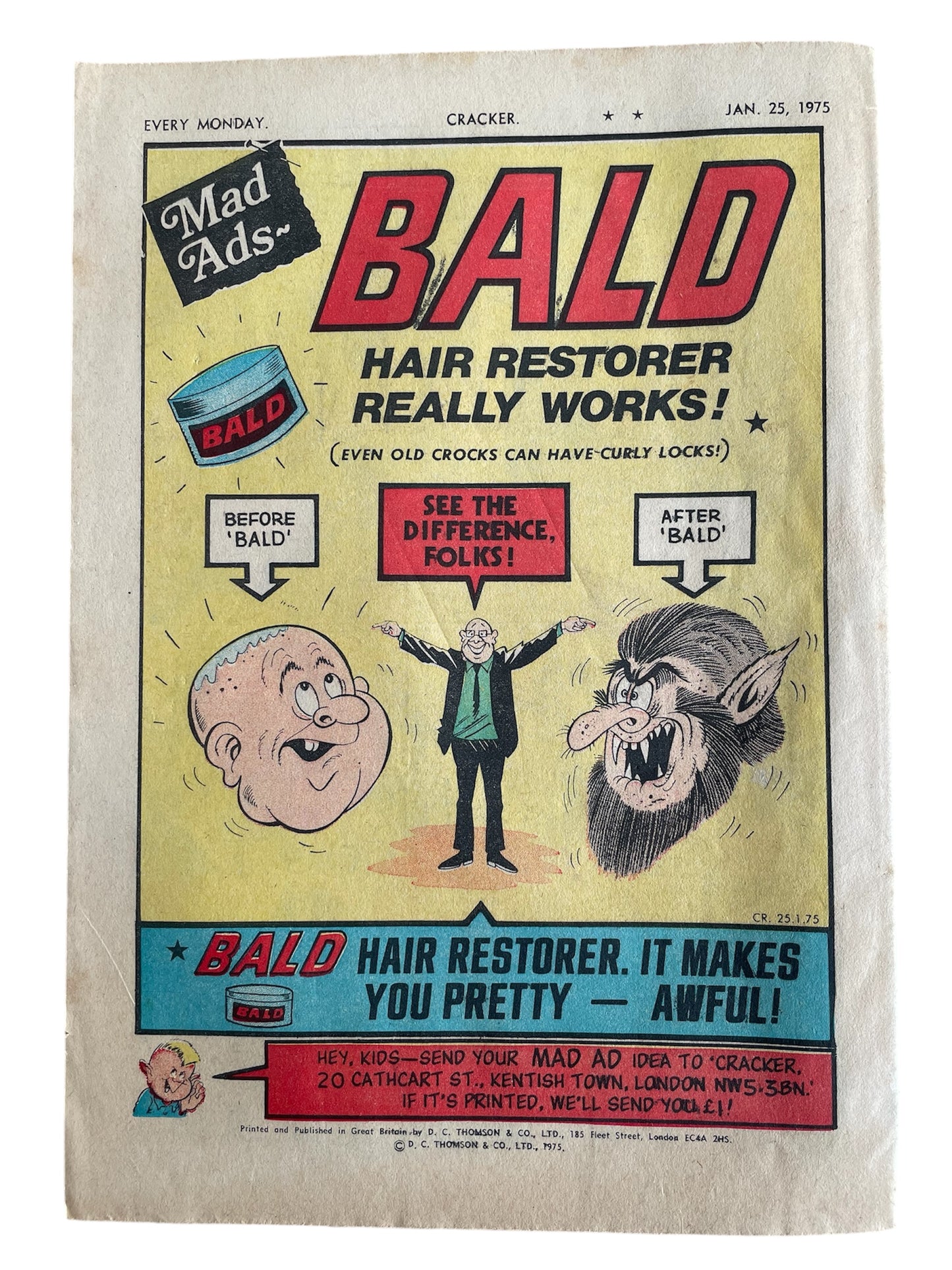 Vintage Rare Cracker Weekly Comic Magazine Issue No. 2 Comic Every Monday 25th January 1975 With Free Gift - The Big Noise Cracker Banger - Former Shop Stock