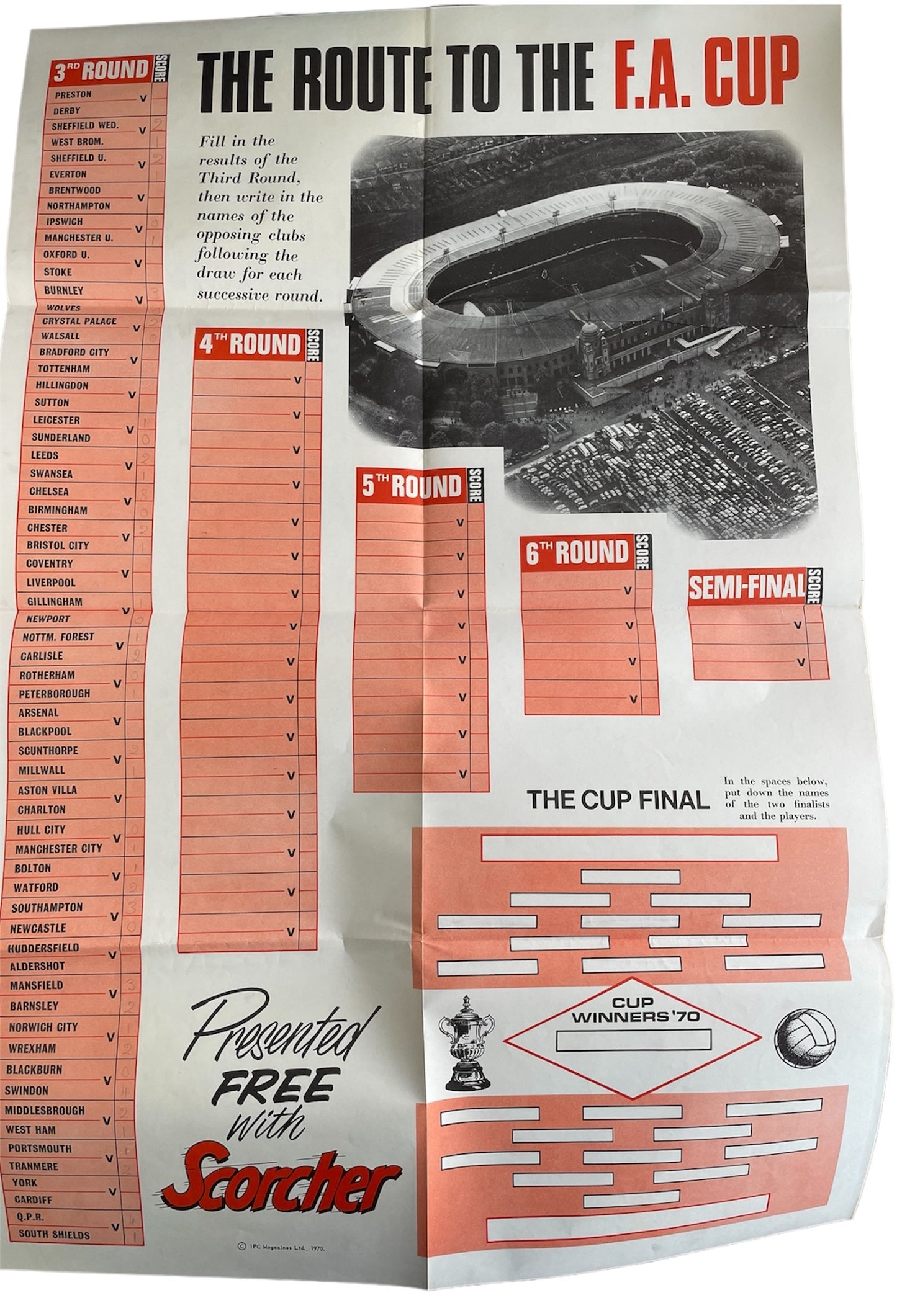 Vintage 1970 Scorcher Issue No. 3 With Free Gift - Boys Football Comic Every Monday 24th January 1970 - Former Shop Stock