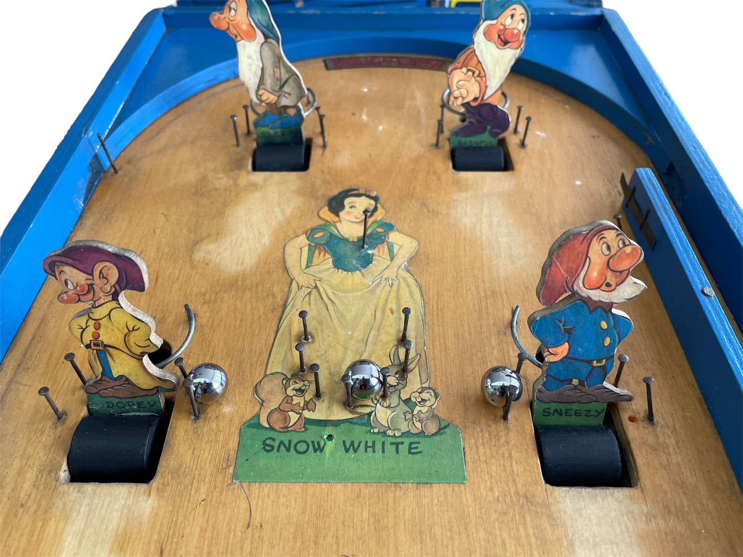 Vintage Chad Valley 1950's Snow White And The Seven Dwarfs Large Wooden Bagatelle Pin Ball Game In Full Working Condition