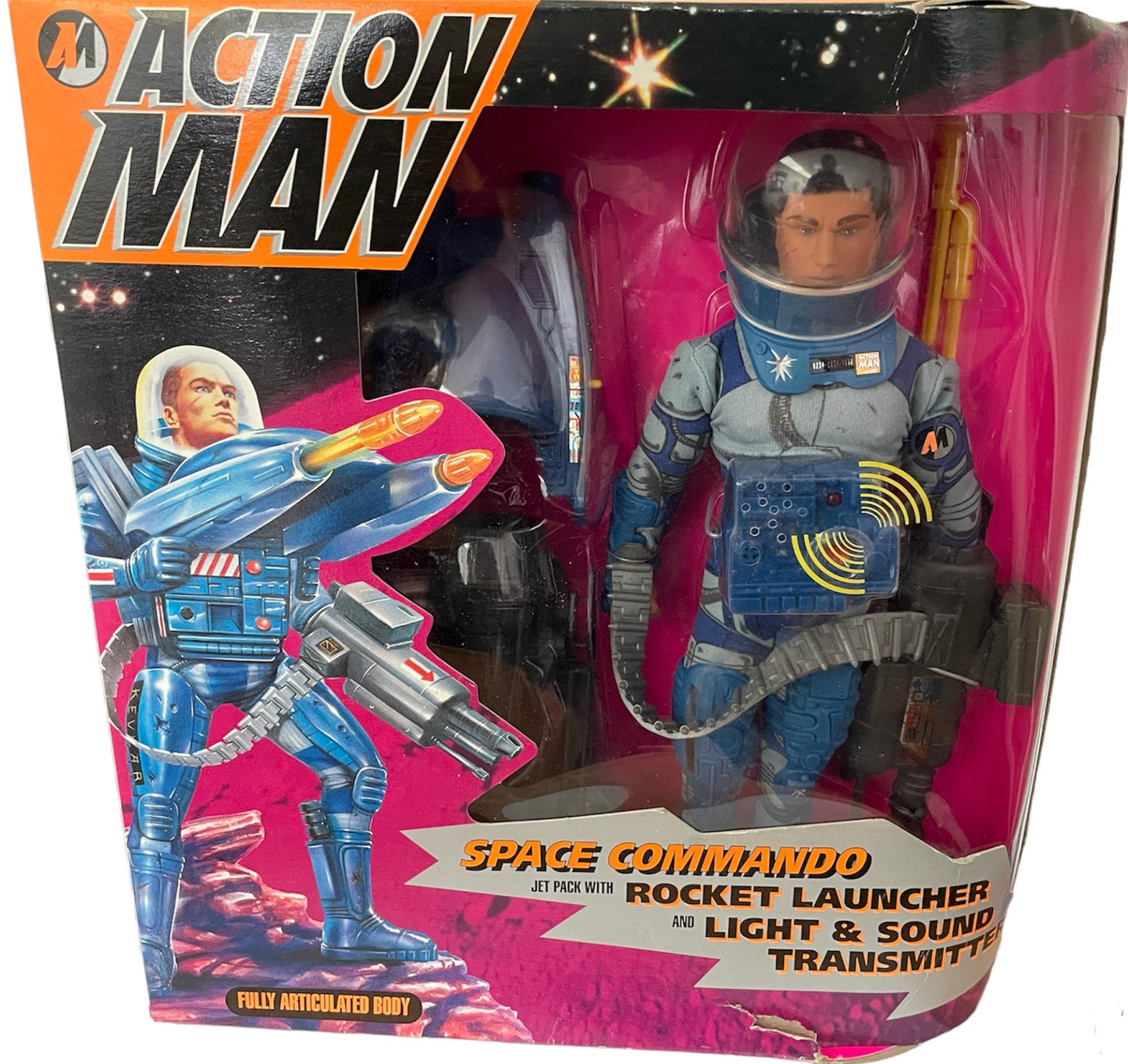Vintage 1999 Action Man AM Space Commando Action Figure And Jet Pack With Rocket Launcher And Light & Sound Transmitter - Factory Sealed Shop Stock Room Find