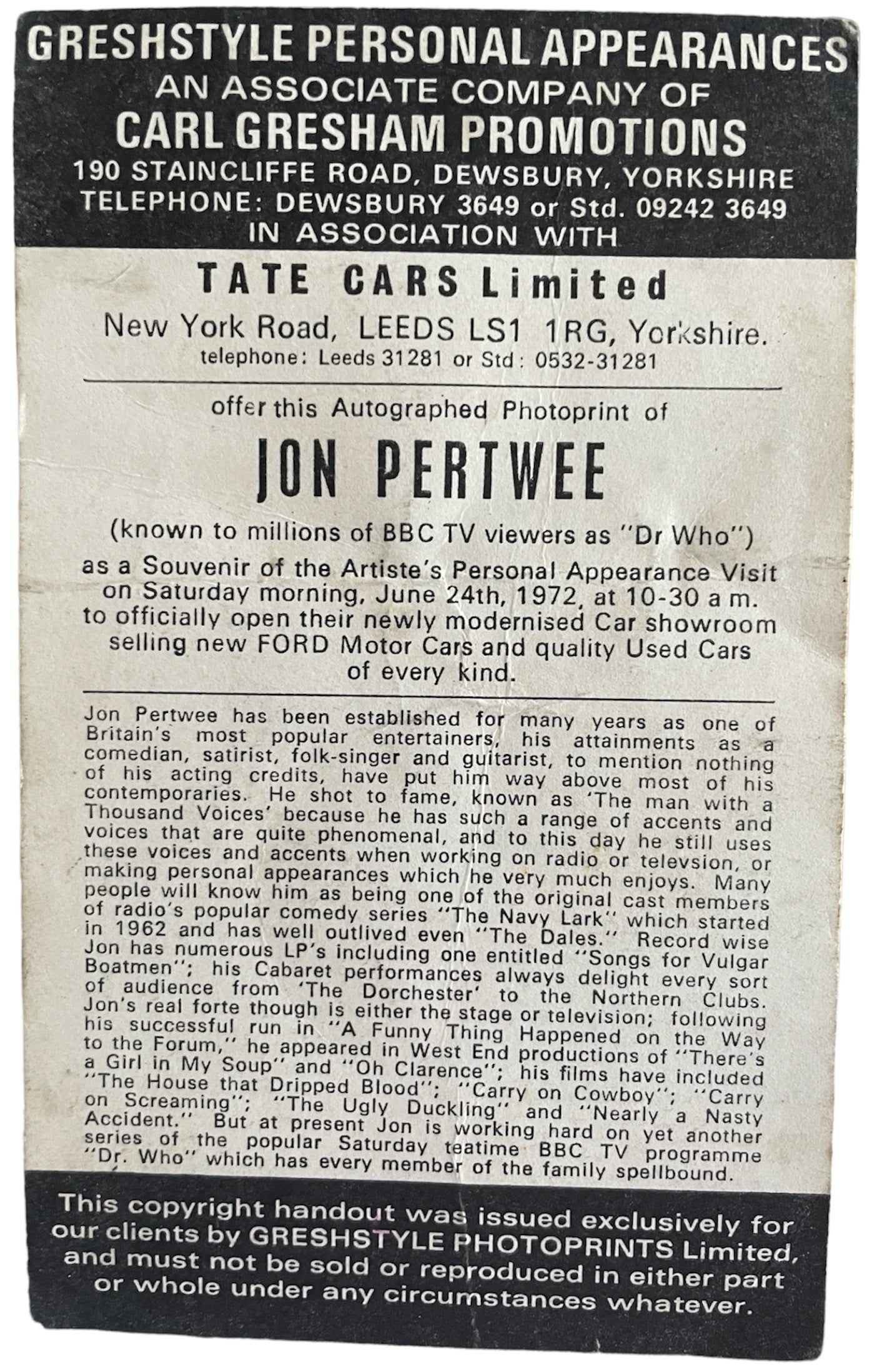 Vintage 1972 Dr Who Jon Pertwee Genuine Autograph Photograph From A Personal Appearance On June 24th 1972 - Ultra Rare