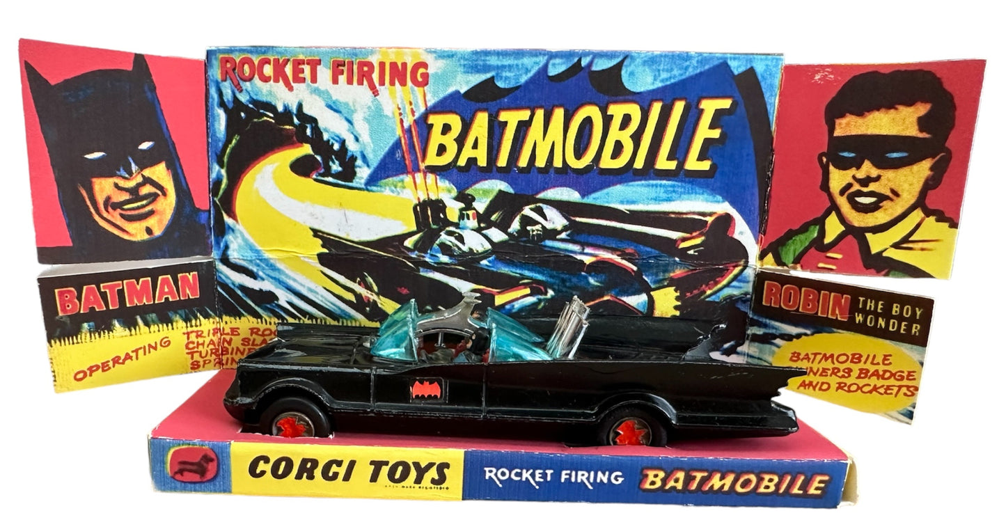 Vintage Corgi 1966 First Release Rocket Firing Batmobile Diecast Replica Vehicle With Mini Figures Number 267 - Boxed With Display Plinth
