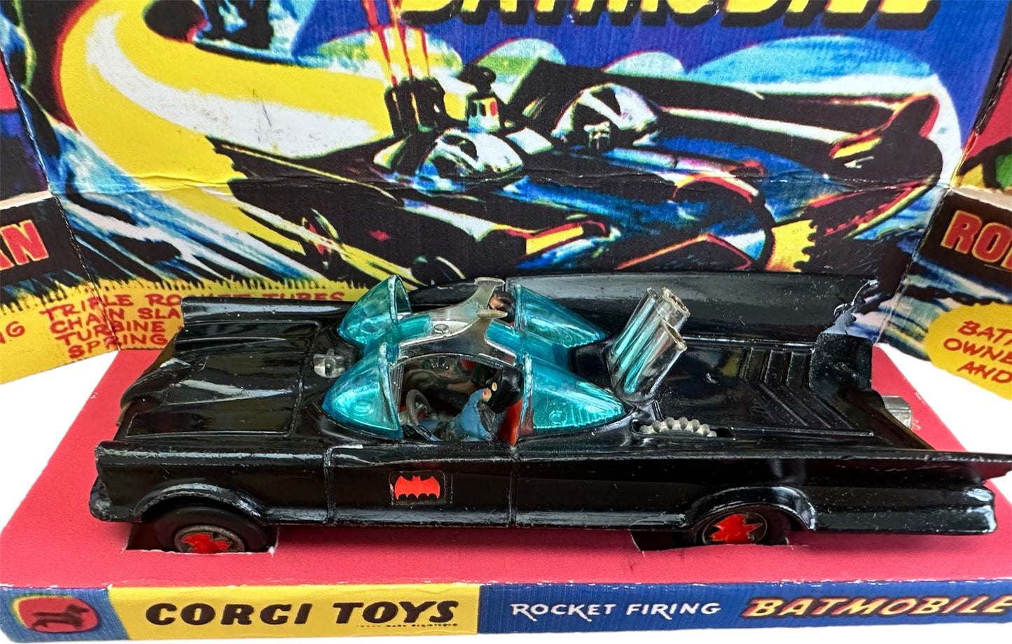 Vintage Corgi 1966 First Release Rocket Firing Batmobile Diecast Replica Vehicle With Mini Figures Number 267 - Boxed With Display Plinth