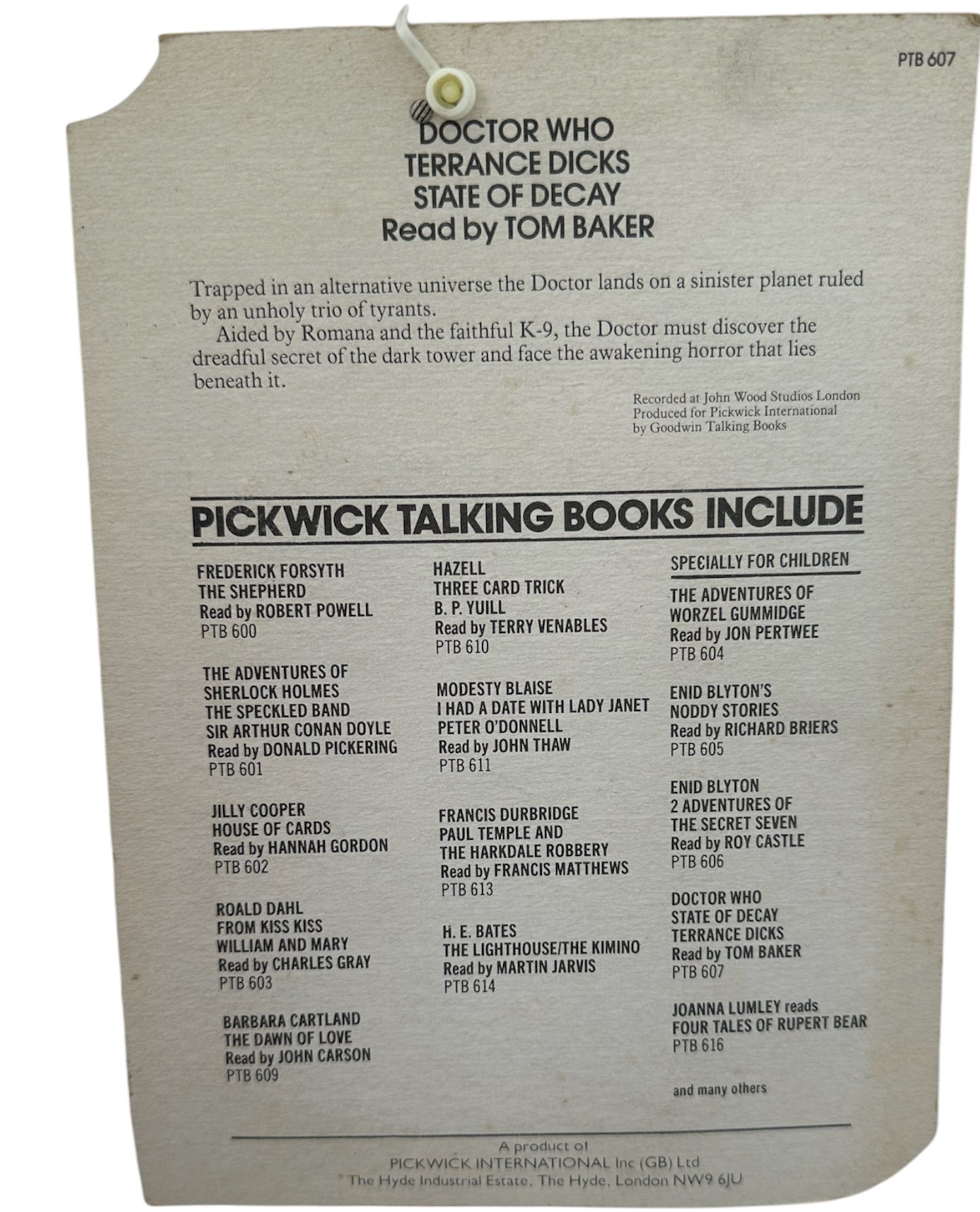 Vintage 1981 Doctor Dr Who State Of Decay Pickwick Talking Books By Terrance Dicks Read By Tom Baker - Audio Cassette - Factory Sealed Shop Stock Room Find