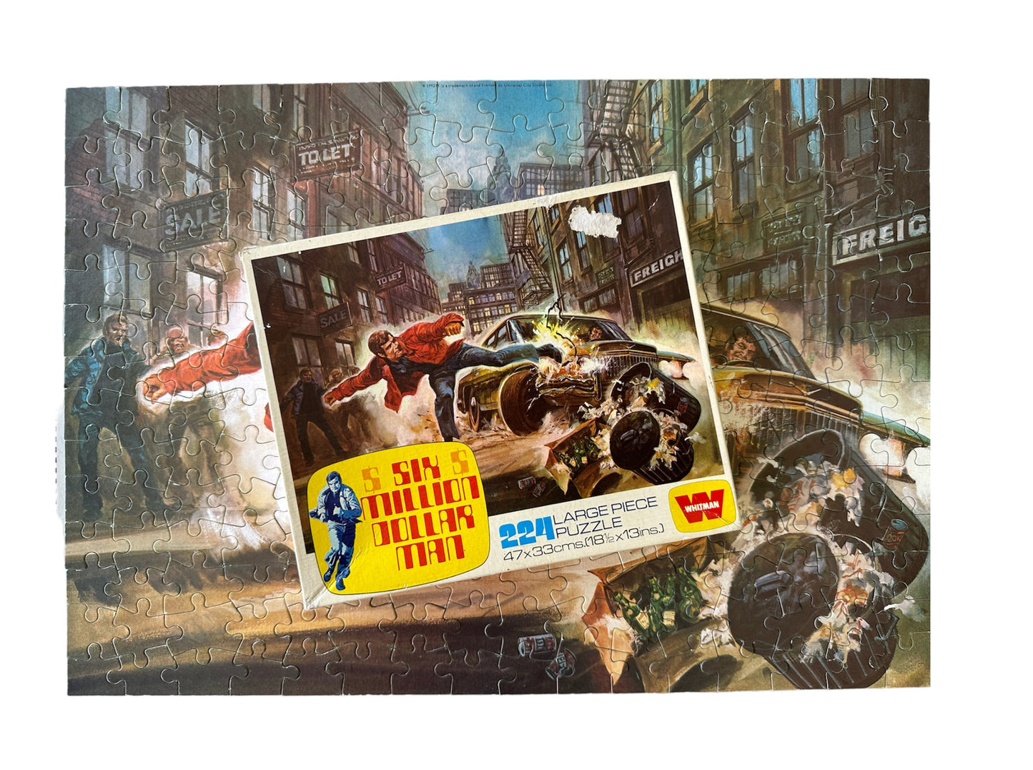 The Six Million Dollar Man Vintage 1976 Whitman 224 Large Piece Jigsaw Puzzle Number 7757 Animated Steve Austin Destroys Car - In The Original Box