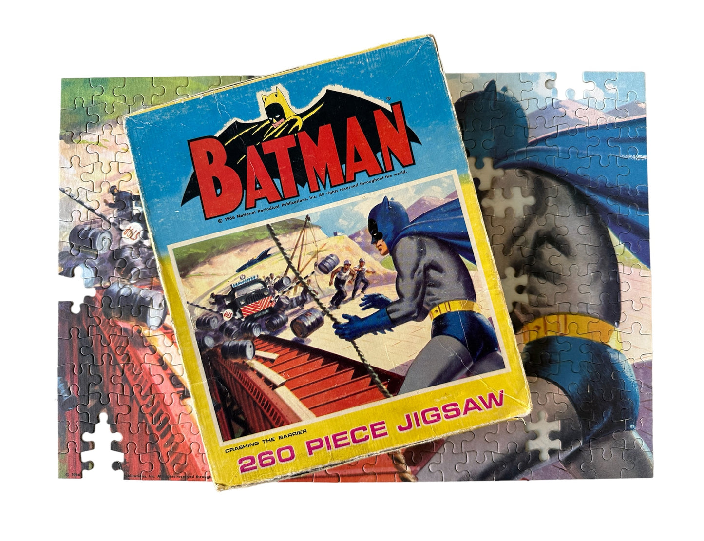 Vintage 1966 Batman 260 Piece Jigsaw Puzzle Crashing The Barrier In The Original Box - Ultra Rare