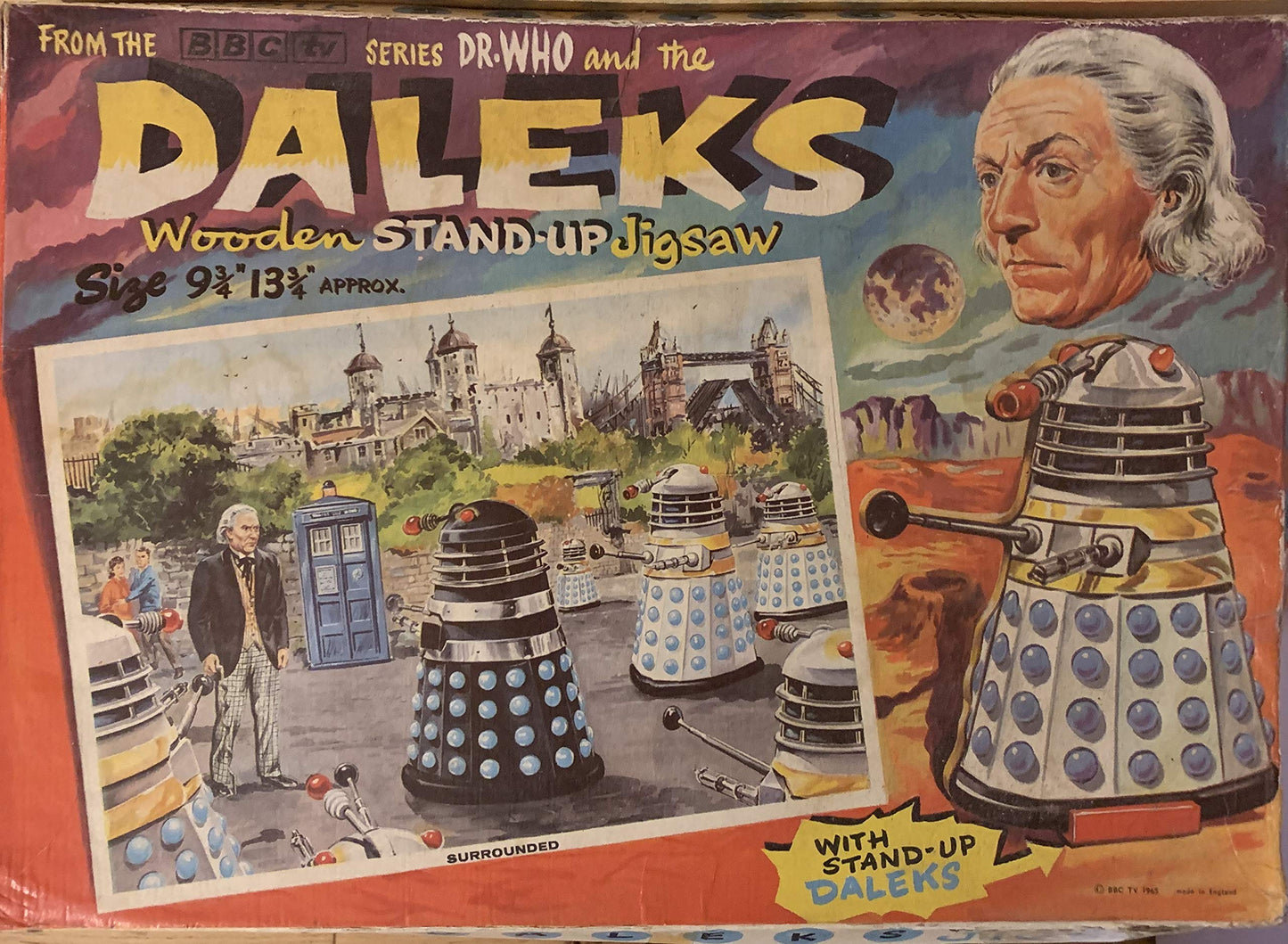 Vintage 1965 Dr Doctor Who And The Daleks Wooden Stand-Up Jigsaw Puzzle - Surrounded Complete And In The Original Box