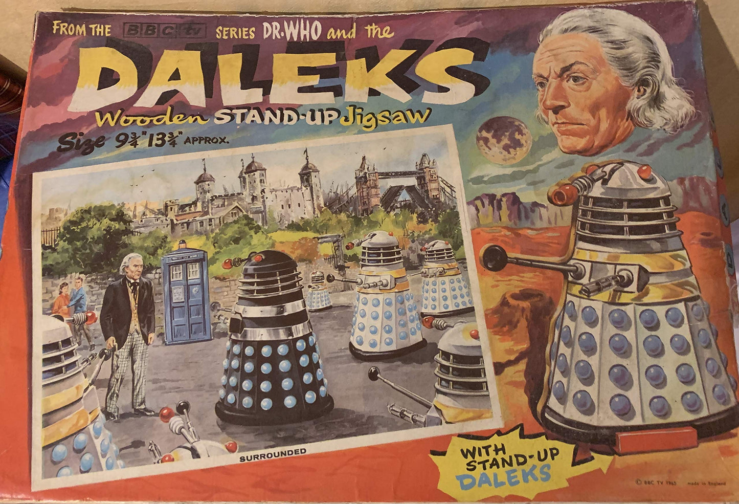 Vintage 1965 Dr Doctor Who And The Daleks Wooden Stand-Up Jigsaw Puzzle - Surrounded Complete And In The Original Box
