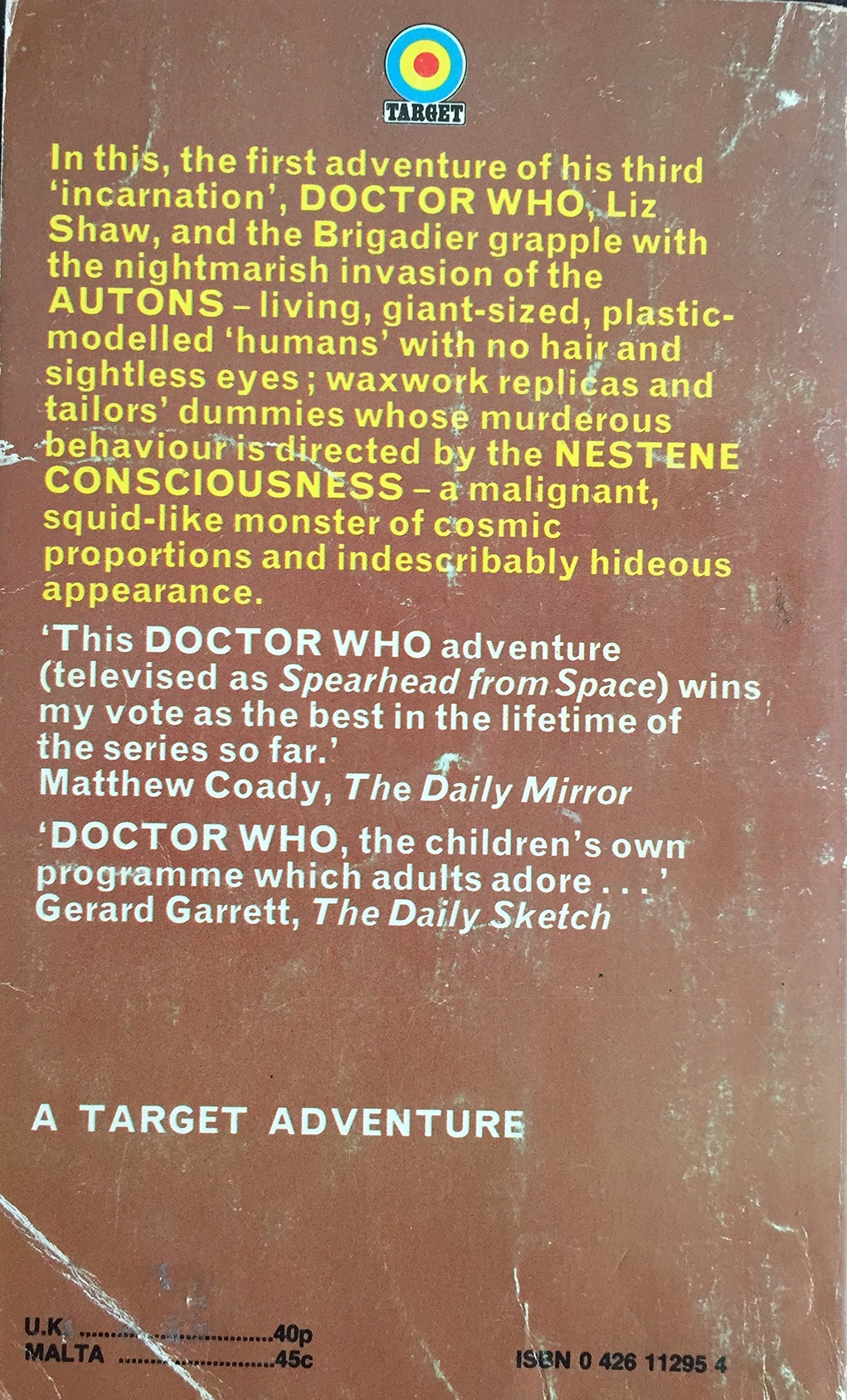 Vintage Target Books 1974 Dr Doctor Who And The Auton Invasion First Edition Paperback Book Novelization by Terrence Dicks - Very Good Condition