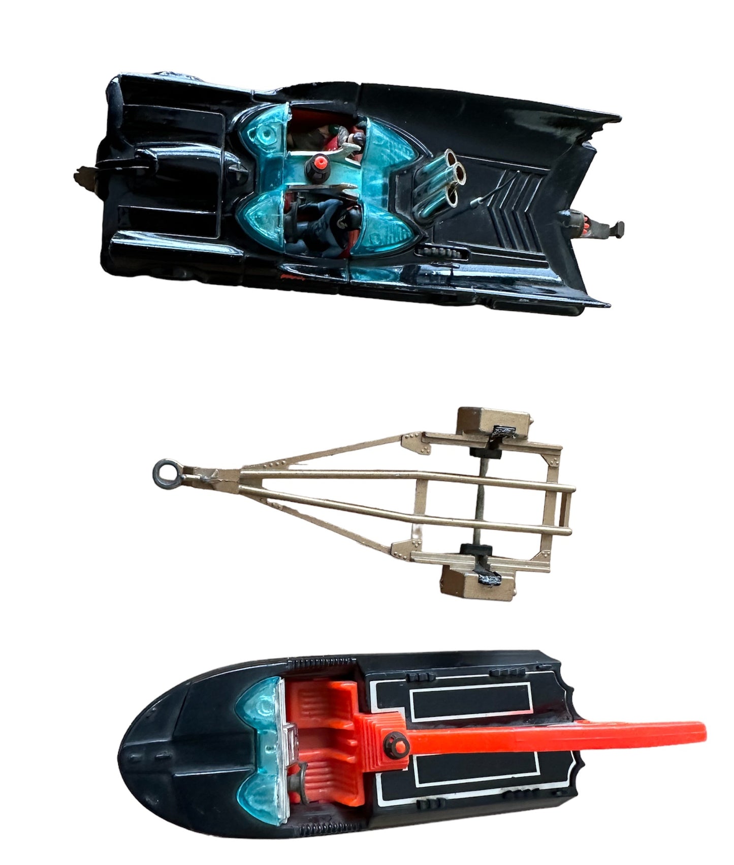 Vintage Corgi 1966 Rocket Firing Batmobile Die-cast Replica Vehicle With Batman And Robin Figures Plus The Batboat And Trailer - Very good Condition