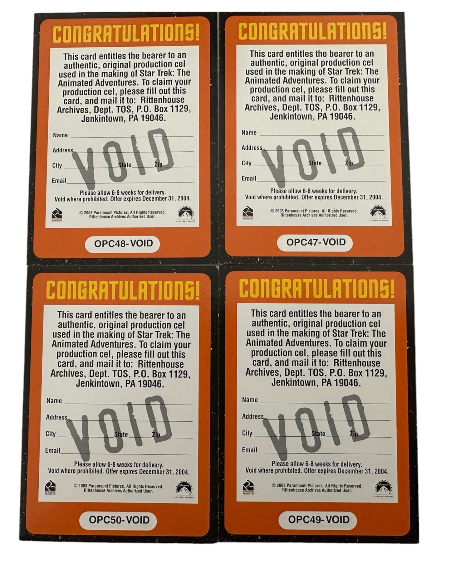 Vintage Rittenhouse 2003 Star Trek The Animated Series - Bonus Original Production Cel VOIDED Redemption Cards - Ultra Rare Full Set Of 50 Cards - Sealed In Pack - Former Shop Stock