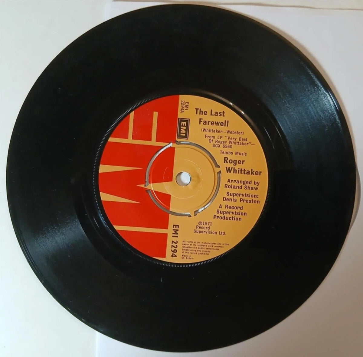 Vintage 1971 Roger Whittaker - The Last Farewell 7" Vinyl Record EMI Records Label