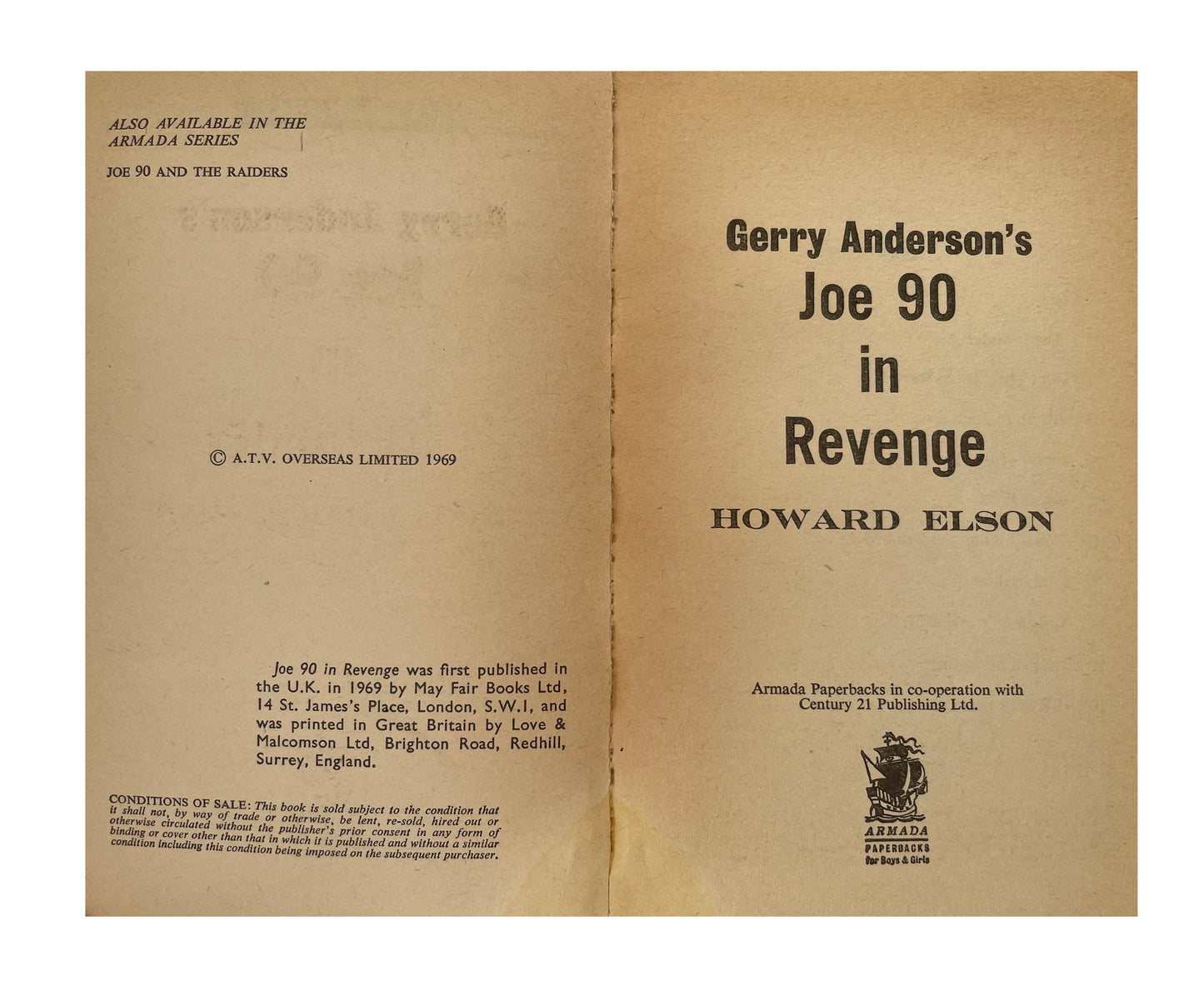 Vintage 1969 Gerry Andersons Joe 90 In Revenge Armada Paperback Book For Boys And Girls - Based On The TV Series