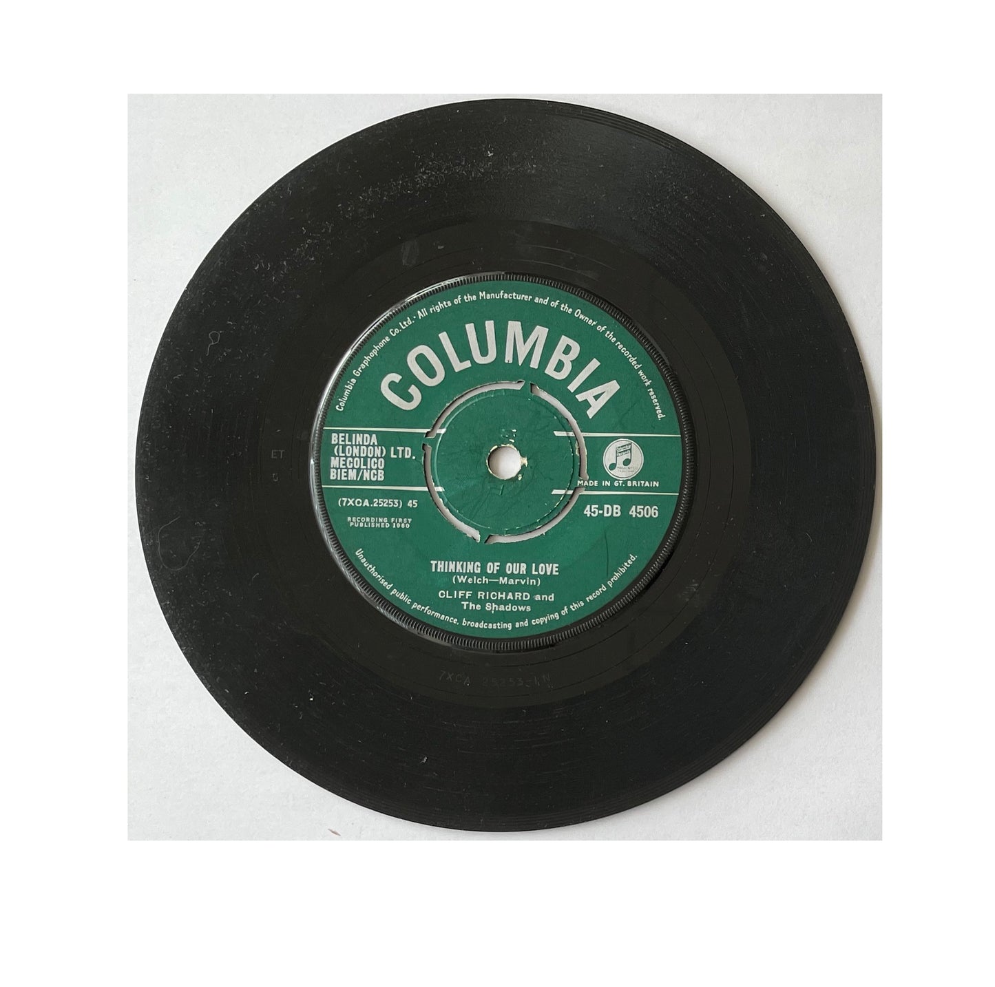 Vintage 1960 Cliff Richard And The Shadows A.Side Nine Times Out Of Ten, B.Side Thinking Of Our Love, Columbia Records Label 7 Inch Vinyl Record