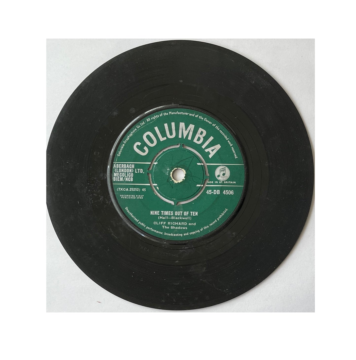 Vintage 1960 Cliff Richard And The Shadows A.Side Nine Times Out Of Ten, B.Side Thinking Of Our Love, Columbia Records Label 7 Inch Vinyl Record