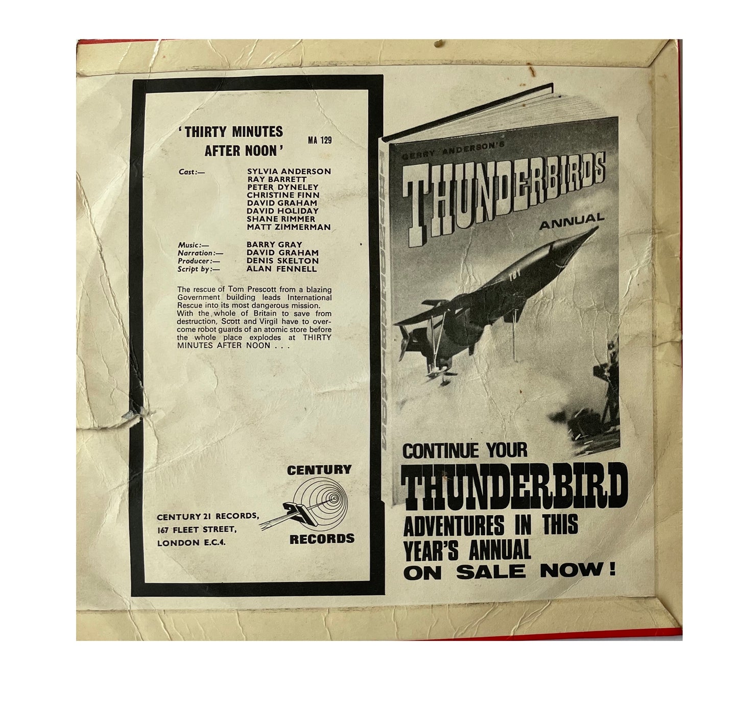 Vintage 1967 Gerry Andersons A Century 21 Production - Thunderbirds - Thirty Minutes After Noon - 33RPM Mini Album - 21 Minutes Of Adventure Vinyl Record