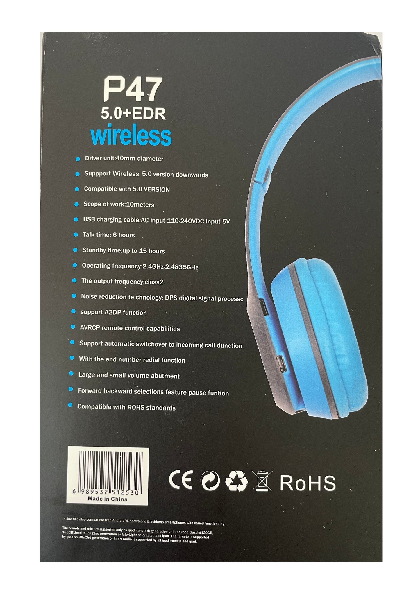 P47 5.0 + EDR Wireless Headphones Bluetooth - Foldable and Extendable Rechargeable - Colour Blue - Factory Sealed.