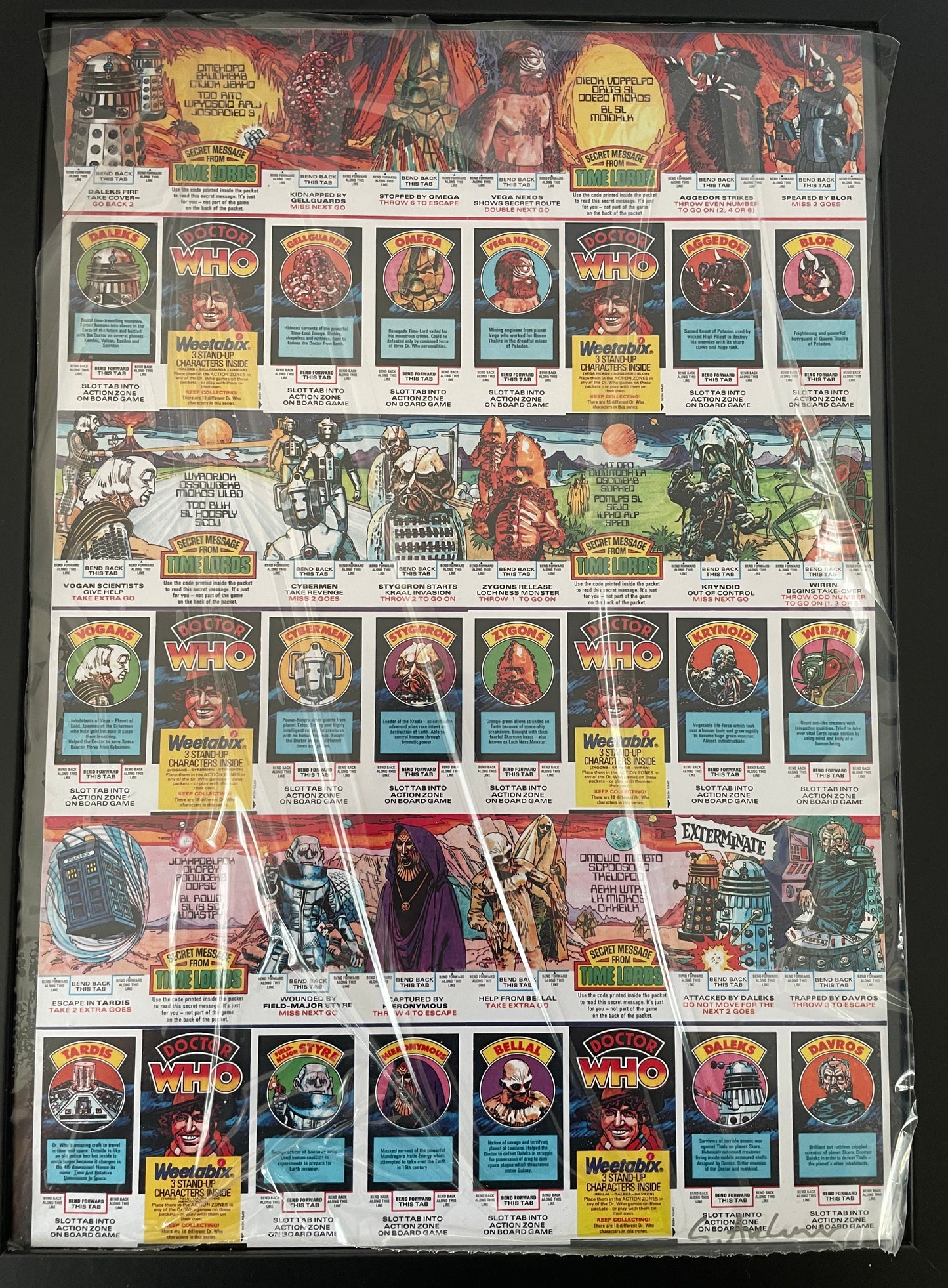 Vintage Doctor Dr Who Framed Display 1977 Weetabix Series II Full Set Of 24 Cards On Uncut Sheet - Signed by Gordan Archer The Artist