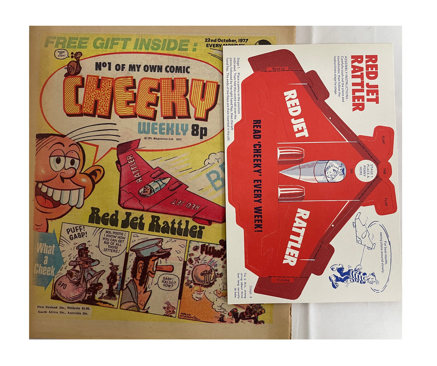 Vintage 1977 Cheeky Weekly Comic Magazine Number 1 - Fantastic First Issue - With The Free Gift - Red Jet Rattler - 22nd October 1977 - Former Shop Stock