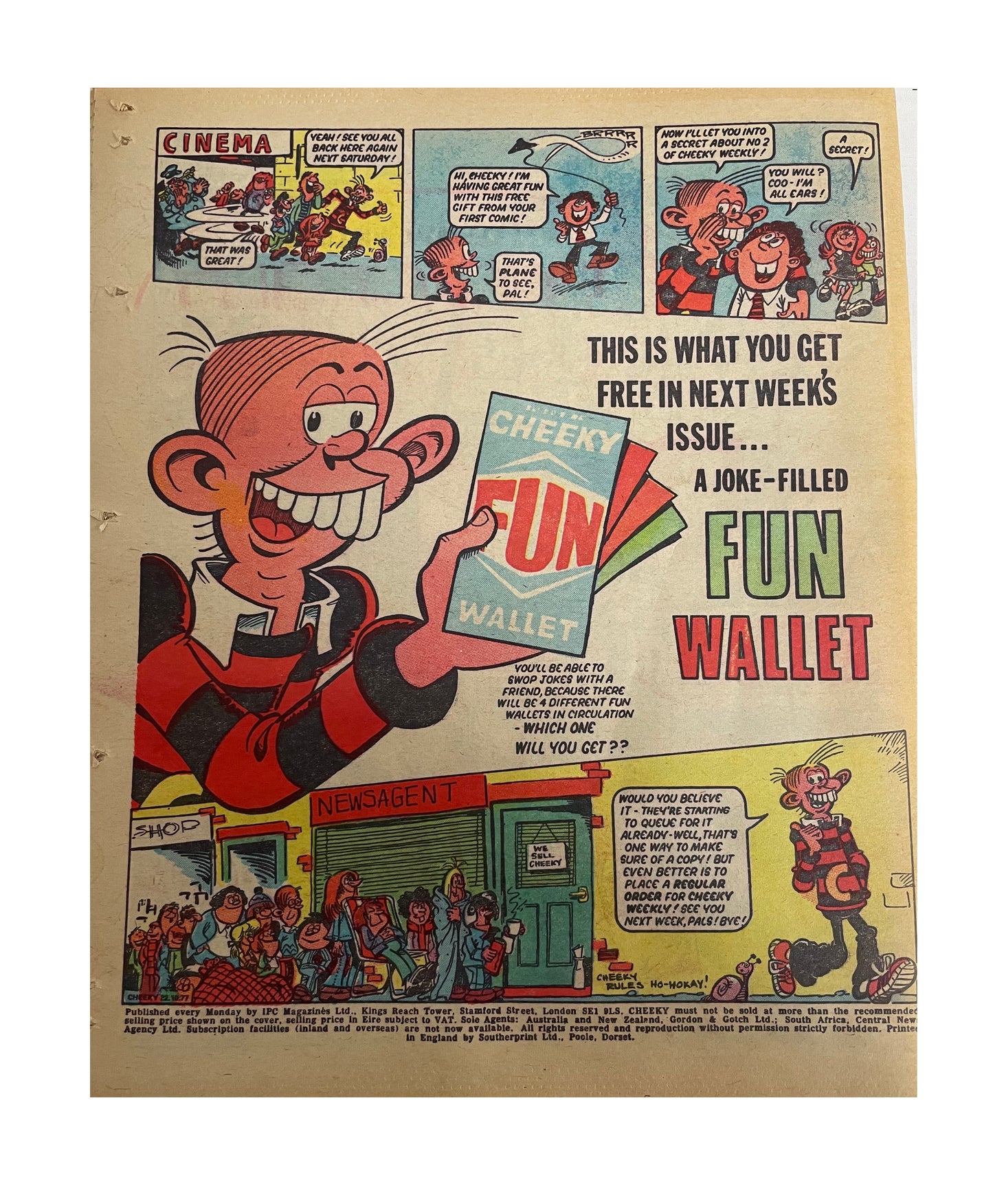 Vintage 1977 Cheeky Weekly Comic Magazine Number 1 - Fantastic First Issue - With The Free Gift - Red Jet Rattler - 22nd October 1977 - Former Shop Stock