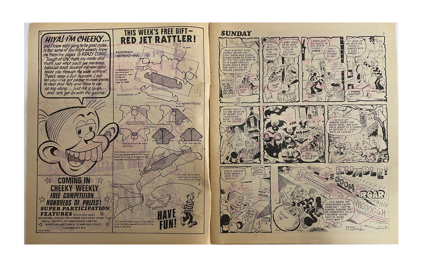 Vintage 1977 Cheeky Weekly Comic Magazine Number 1 - Fantastic First Issue - With The Free Gift - Red Jet Rattler - 22nd October 1977 - Former Shop Stock