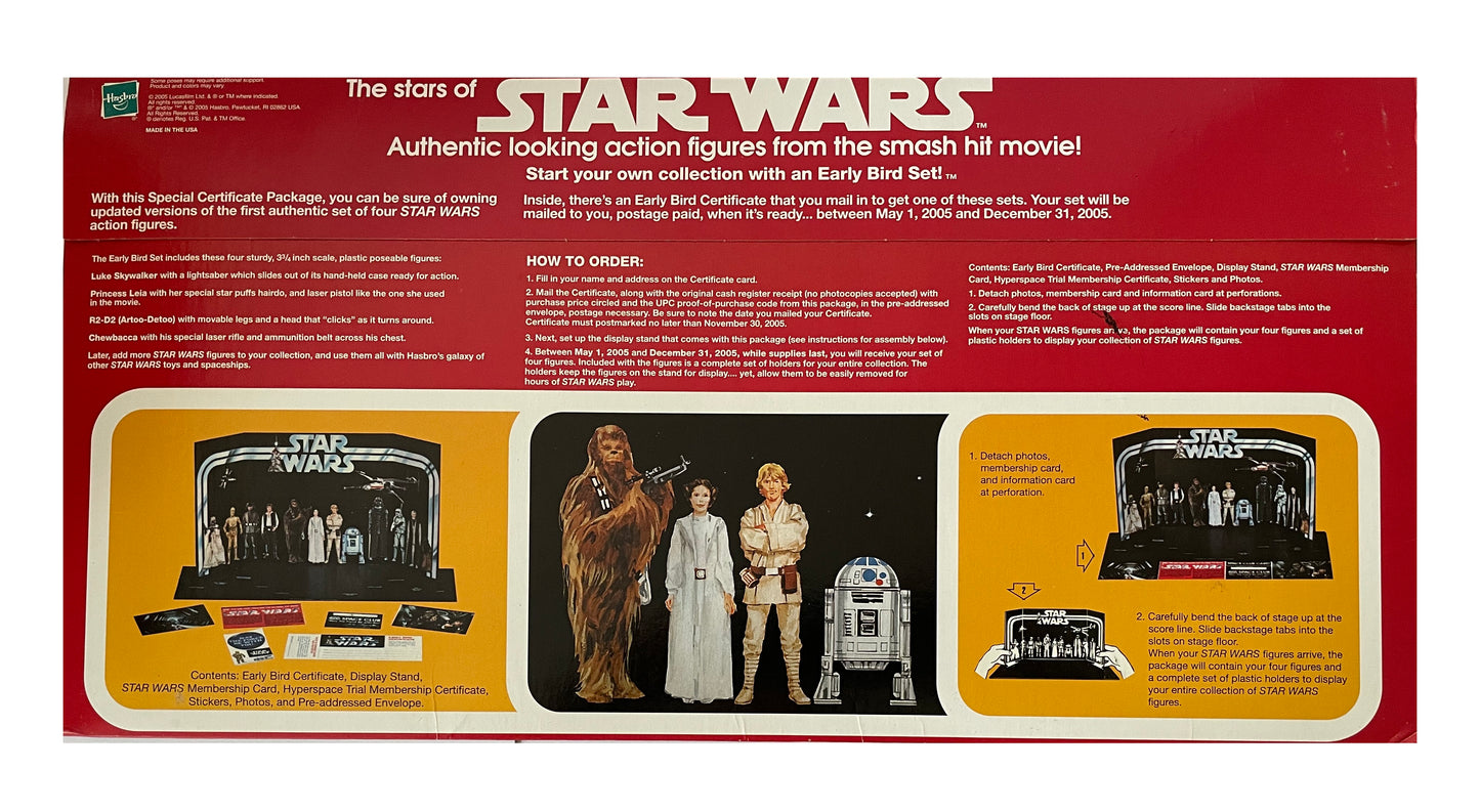 Vintage 2005 Star Wars Early Bird Certificate Package With Action Figure Display Stand And The First Four Mail Away Action Figures