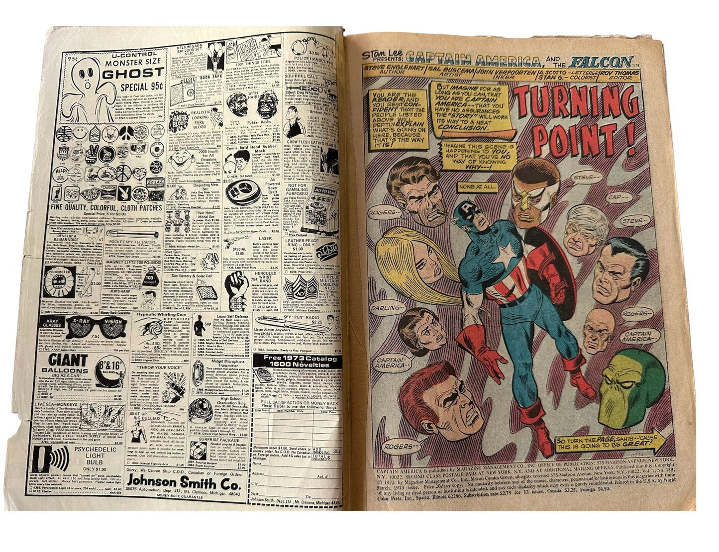 Vintage 1973 Marvel - Captain America And The Falcon Comic Issue Number 159 - In Turning Point - Good Condition Vintage Comic