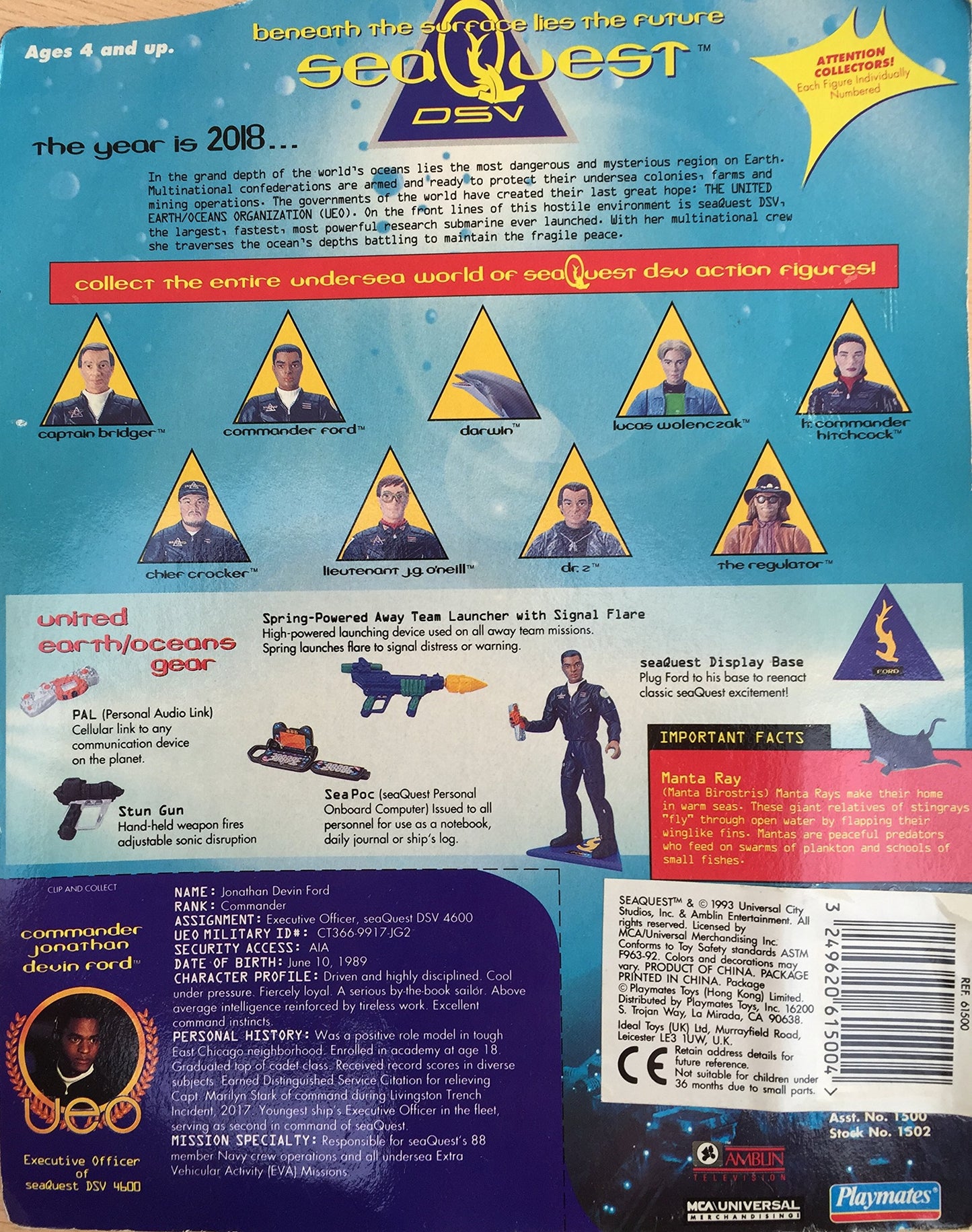 Vintage 1993 SeaQuest DSV Commander Jonathan Devin Ford Action Figure - Brand New On Card