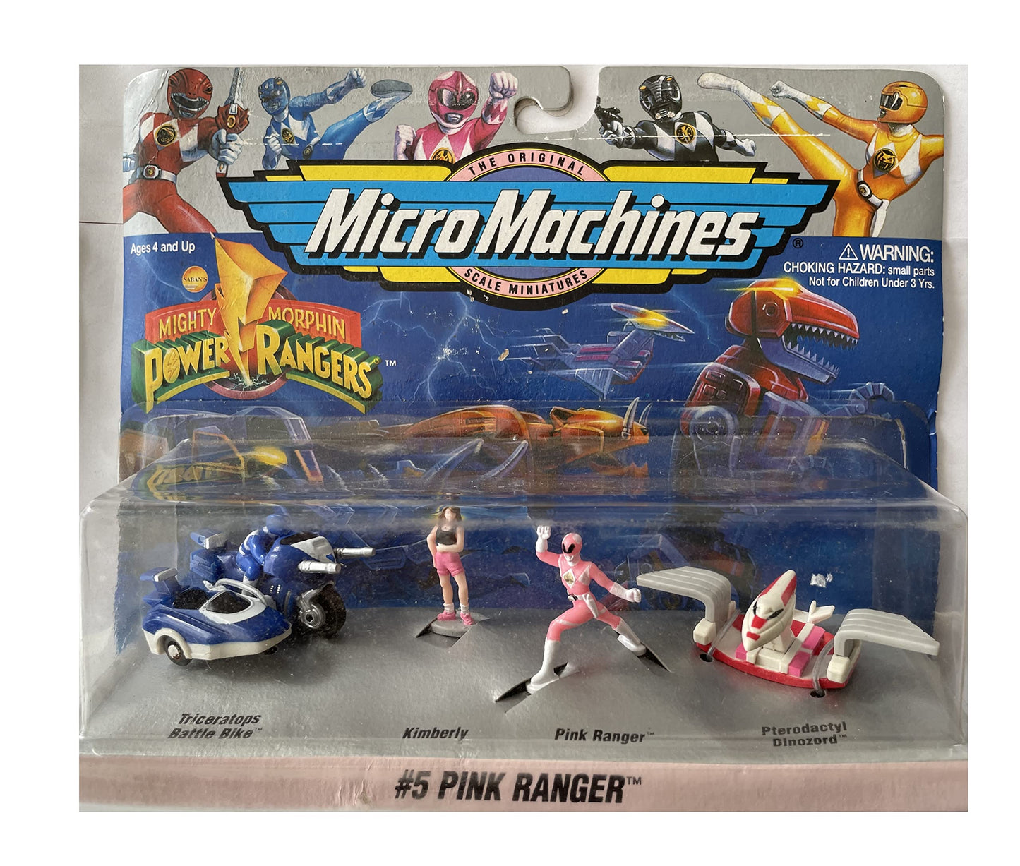 Vintage 1994 Mighty Morphin Power Rangers Micro Machines Miniature The Pink Ranger Set No. 5 - Includes The Pink Ranger Figure, Kimberly Figure, Pterodactyl Dinozord and The Triceratops Battle Bike With The Blue Ranger - Unsold Shop Stock Room Find