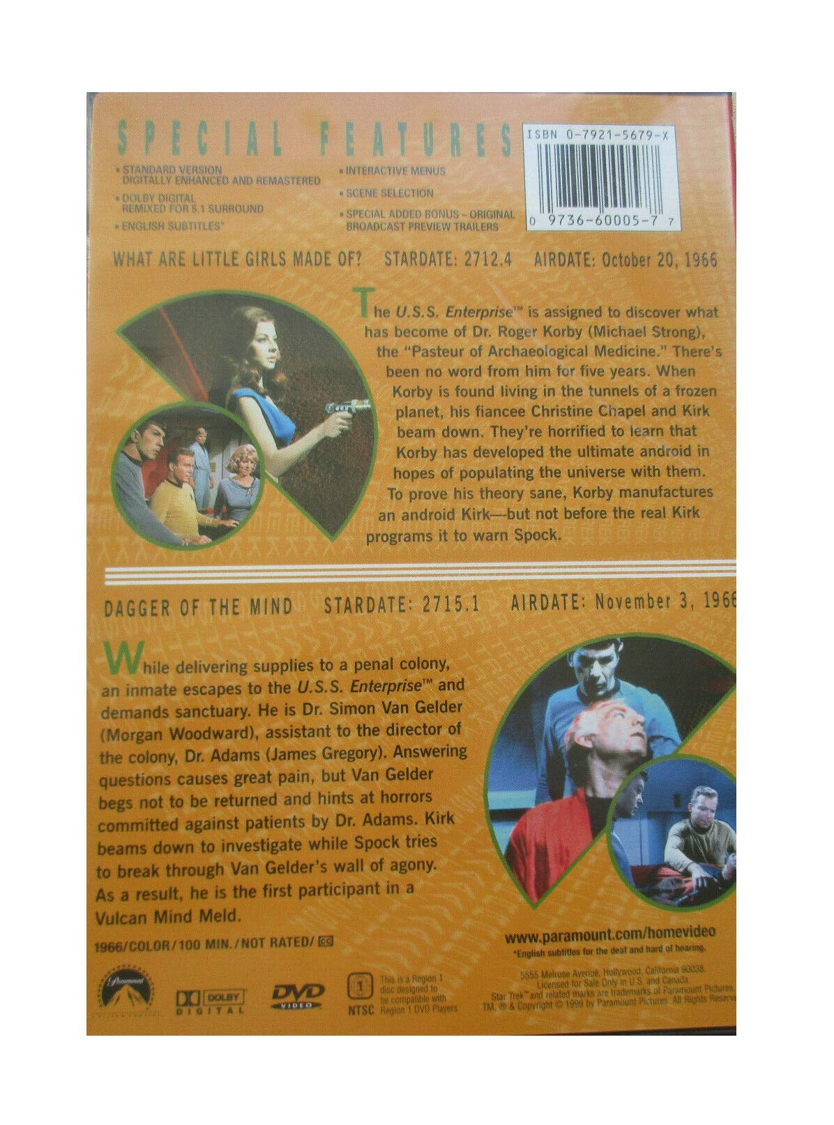 Star Trek The Original Series Vol 5 Double Episode DVD - Ep 10 - What Are Little Girls Made Of? / Ep 11 - Dagger Of The Mind - Region 1 USA Import