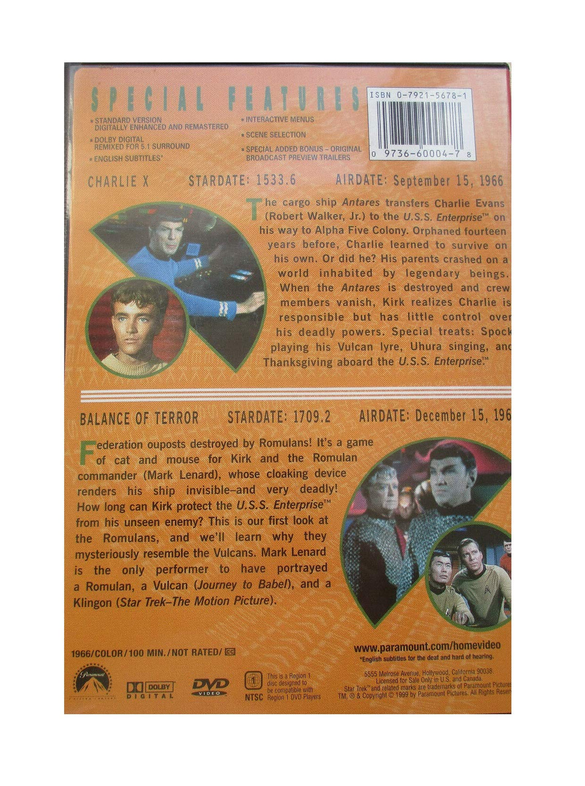 Vintage 1999 Star Trek The Original Series Vol 4 Double Episode DVD - Ep 8 - Charlie X / Ep 9 - Balance Of Terror - Region 1 USA Import - Ex Shop Stock